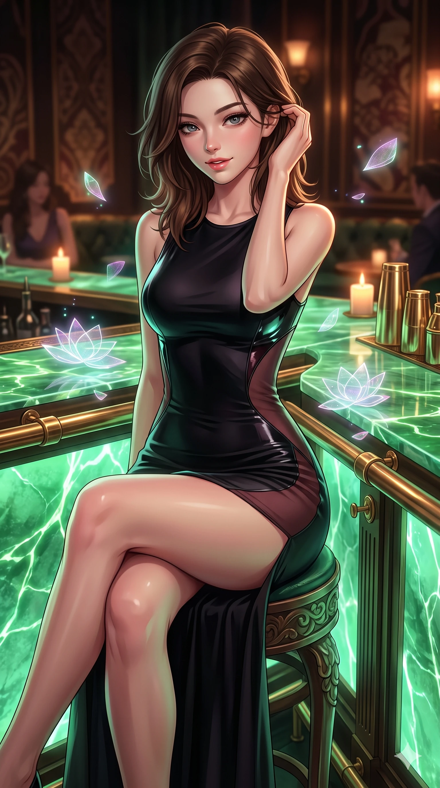score_9, masterpiece, best quality, ultra-detailed, high-budget anime keyframe, semi-realistic 3D game render, editorial fashion photography, tasteful artistic composition, Korean woman. close-up cowboy shot from the waist and thighs up, the character dominates the composition, filling the frame with her large presence. gently brushing a lock of hair behind her ear while casting a playful, flirtatious side-gaze with long eyelashes while perched gracefully on the carved jade bar counter stool with legs crossed, flashing an enchanting smile with parted glossy lips as floating holographic lotus petals drift past. The surrounding environment is rendered in vivid detail and crisp panoramic clarity: sharp backlit jade stone veins, polished brass footrails, and crisp holographic petal geometries in deep focus. She has an exceptionally elegant, slender, and willowy female figure with an ultra-slim waist, flat toned midriff, narrow ribcage, and sculpted feminine hips creating an alluring, slim hourglass silhouette without bulk. sharp v-shaped jawline, high-bridge nose, intricate jewel-like sparkling eyes with depth, thick eyelashes, glossy parted lips with a natural sheen, intensely captivating and seductive bedroom-eyes expression, exuding both youthful cute charm and sovereign luxury allure, flawlessly proportioned anatomical accuracy, strict slender model proportions, natural body alignment, perfectly sculpted long slender limbs, ultra-slim waistline, clean dynamic posture without body distortion. wearing a second-skin black silk jersey maxi dress with asymmetrical sheer mesh side panels tracing the full curve of her hip in deep wine burgundy and brushed dark platinum, tailored from high-gloss patent leather with mirror-like specular highlights, complemented by strappy stiletto sandals with metallic ankle wraps accentuating her slender calves, the liquid-tight tailored fabric clinging flawlessly to her narrow waist and rounded feminine hips, emphasizing every millimeter of her sculpted slim hourglass curves without any bulky heaviness. bathed in the ethereal, soothing emerald-green luminescence of the backlit jade counter combined with warm candlelit accent lights. highly saturated vibrant anime colors, detailed shading with soft gradients, rich glossy textures, high-contrast stereoscopic depth, volumetric dynamic lighting, master piece, 9:16 ratio