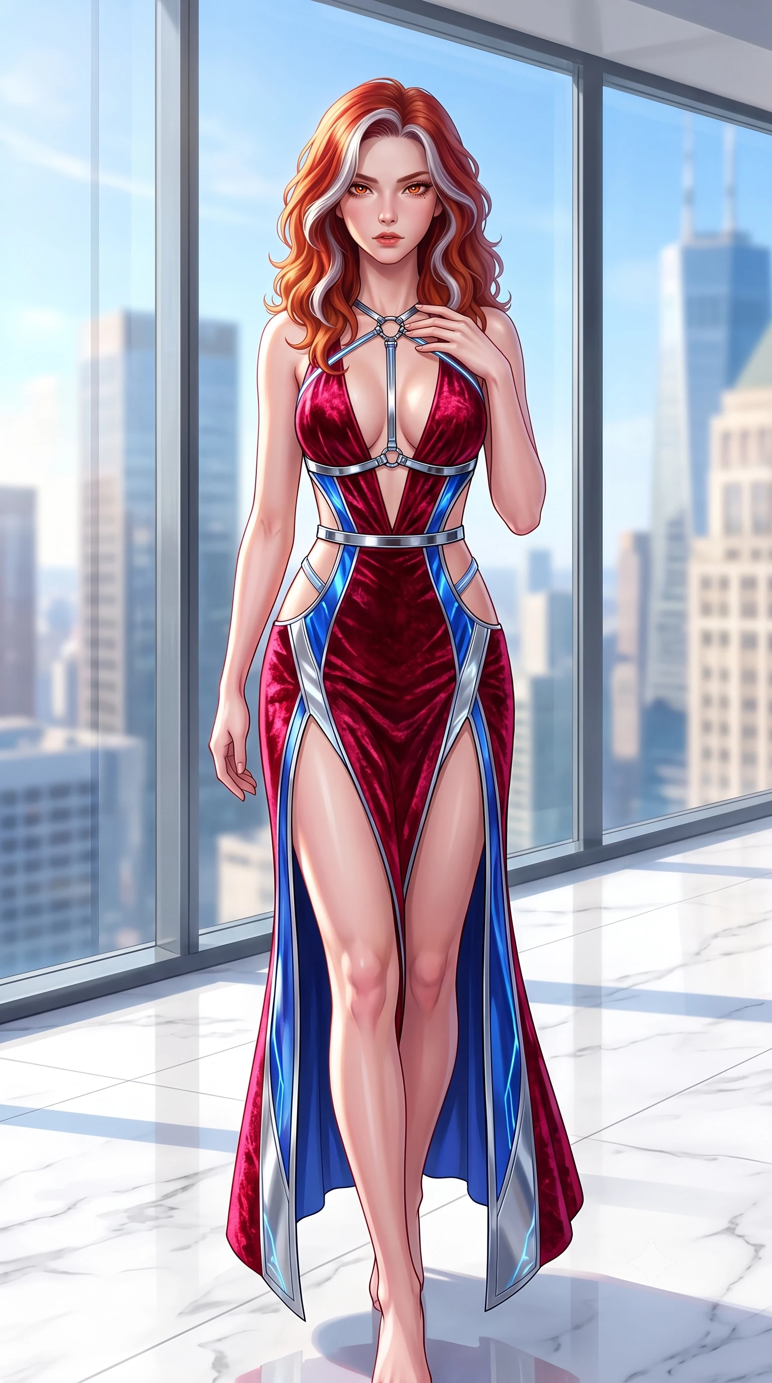 score_9, masterpiece, best quality, ultra-detailed, high-budget anime keyframe, semi-realistic 3D game render, editorial fashion photography, tasteful artistic composition, Caucasian woman. close-up cowboy shot from the waist and thighs up, the character dominates the composition, filling the frame with her large presence. leaning forward with a dangerous, enticing smolder, resting one hand near her collarbone while casting a fiery, magnetic direct gaze while striding gracefully across a polished white marble penthouse floor under soaring floor-to-ceiling glass windows. The composition keeps background elements in soft focus with creamy bokeh. sunlit skyscraper towers and clear blue skies blurred into bright, clean high-key urban bokeh. She has an exceptionally elegant, slender, and willowy female figure with an ultra-slim waist, a gracefully sculpted slender torso, toned flat midriff, and a refined slim silhouette. sharp v-shaped jawline, high-bridge nose, intricate jewel-like eyes with depth, thick eyelashes, glossy lips with a natural sheen, flawlessly proportioned anatomical accuracy, strict slender model proportions, natural body alignment, perfectly sculpted long slender limbs, ultra-slim waistline, clean dynamic posture without body distortion. wearing a backless crimson crushed velvet gown with a deep plunging V-neckline, strategic hip cutouts, and an ultra-high thigh slit in liquid electric cobalt blue and polished silver, tailored from semi-translucent cybernetic vinyl with glowing micro-filaments, reinforced by a sleek metallic chrome harness and delicate glowing micro-straps, the precision-cut daring openings accentuating her delicate midriff, graceful bare collarbones, and ultra-slim feminine waistline. bathed in bright, clean high-key natural sunlight flooding through panoramic glass walls. highly saturated vibrant anime colors, detailed shading with soft gradients, rich glossy textures, high-contrast stereoscopic depth, volumetric dynamic lighting, master piece, 9:16 ratio