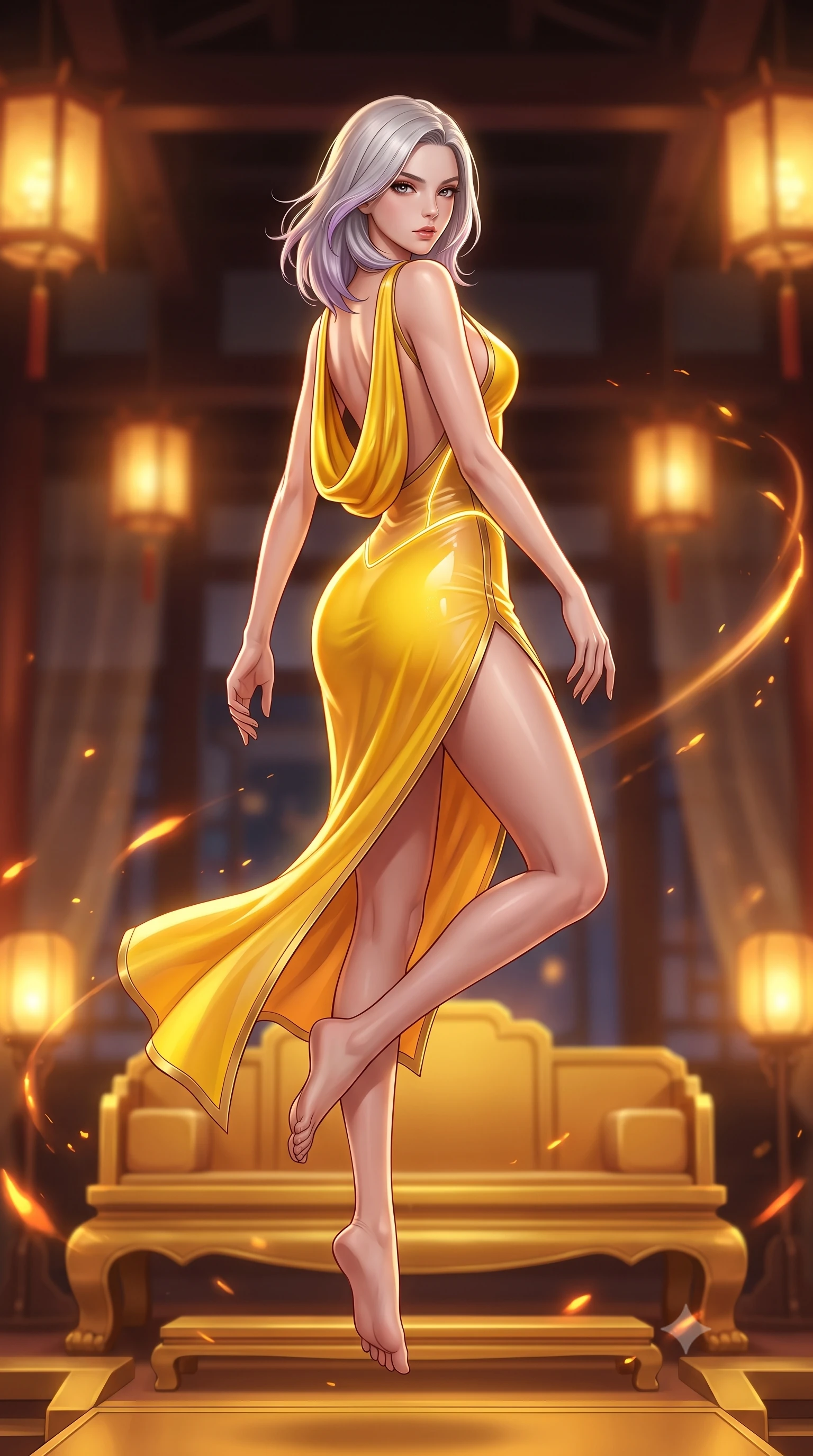 score_9, masterpiece, best quality, ultra-detailed, high-budget anime keyframe, semi-realistic 3D game render, editorial fashion photography, tasteful artistic composition, Caucasian woman. low angle full-body shot from head to toe showing her feet, filling the entire 9:16 vertical frame with her statuesque presence, stretching her vertical silhouette. performing an alluring mid-air vault with flawless poise, looking directly into the camera with smoldering intensity while arching her back gracefully on an elevated golden dais as warm palace lanterns cast flickering S-curve shadows. The composition keeps background elements in soft focus with creamy bokeh. glowing amber light trails and embers scattering warmth across a majestic imperial backdrop. She has an absolutely perfect, statuesque 8.5-heads proportion, an exceptionally tall and slender model-like female figure with impossibly long slender legs, a toned flat midriff, and an ultra-slim waist. sharp v-shaped jawline, high-bridge nose, intricate jewel-like eyes with depth, thick eyelashes, glossy lips with a natural sheen, flawlessly proportioned anatomical accuracy, strict slender model proportions, natural body alignment, perfectly sculpted long slender limbs, ultra-slim waistline, clean dynamic posture without body distortion. wearing a precision-fitted liquid jersey bodycon dress with a dramatic draped cowl back that swoops down to her waist and a high side slit in vibrant sunburst canary yellow and gold trim, tailored from semi-translucent cybernetic vinyl with glowing micro-filaments, accented with glowing fiber-optic seams tracing her collarbones and hip curves, the sleek second-skin cut tightly hugging her graceful clavicle, narrow waist, and feminine curves with athletic precision. illuminated by crisp gold rim highlights sharply defining her ultra-slim waist and long legs. highly saturated vibrant anime colors, detailed shading with soft gradients, rich glossy textures, high-contrast stereoscopic depth, volumetric dynamic lighting, master piece, 9:16 ratio
