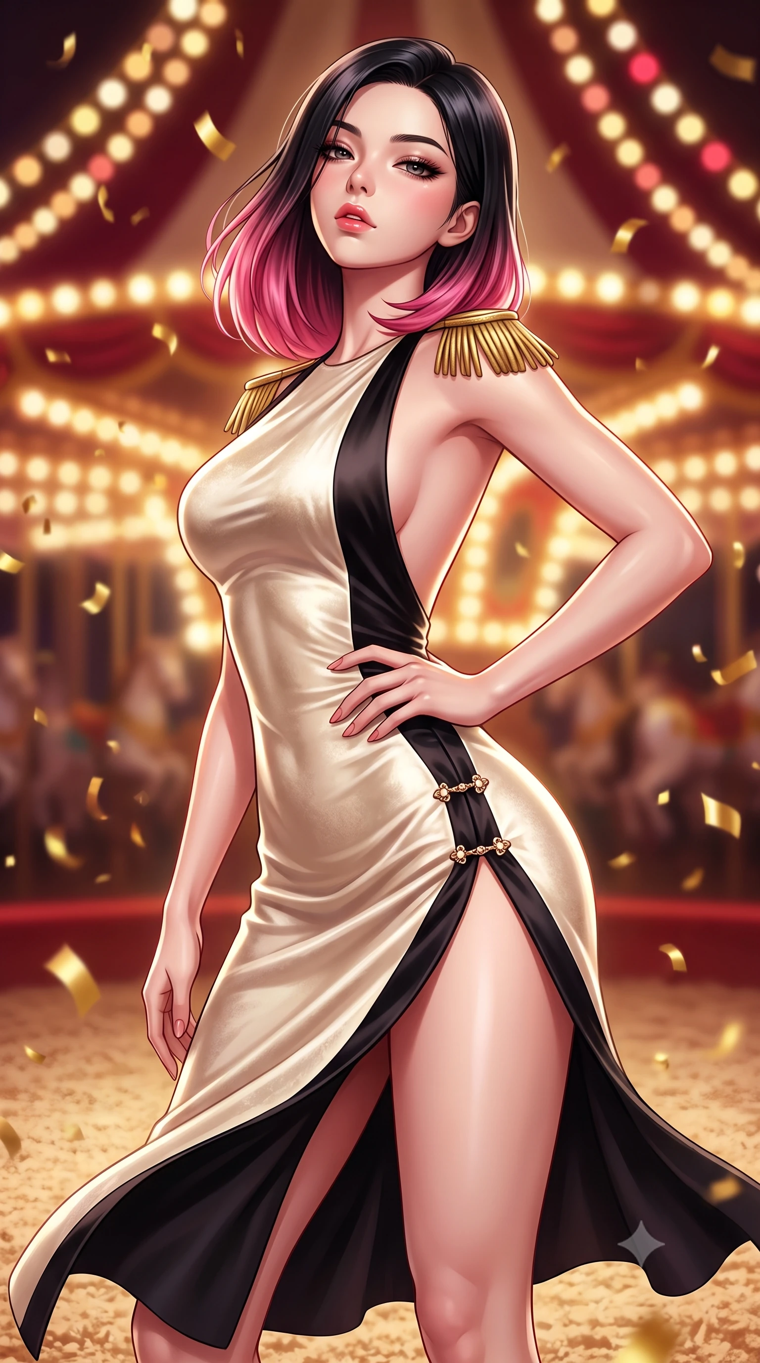 score_9, masterpiece, best quality, ultra-detailed, high-budget anime keyframe, semi-realistic 3D game render, editorial fashion photography, tasteful artistic composition, Korean woman. close-up cowboy shot from the waist and thighs up, the character dominates the composition, filling the frame with her large presence. tilting her chin up with proud, sovereign allure while gazing through thick eyelashes, one hand resting on her waist in pure supermodel charisma while pivoting dynamically on the sawdust arena floor, her tailored garments fluttering to accentuate her statuesque hips and long slender legs. The composition keeps background elements in soft focus with creamy bokeh. swirling gold confetti and carousel bulb light strings blurred into rich amber, ruby-red, and champagne bokeh. She has an exceptionally elegant, slender, and willowy female figure with an ultra-slim waist, a gracefully sculpted slender torso, toned flat midriff, and rounded feminine hips creating an alluring hourglass silhouette. sharp v-shaped jawline, high-bridge nose, intricate jewel-like eyes with depth, thick eyelashes, glossy parted lips with a natural sheen, intensely captivating and seductive bedroom-eyes expression, flawlessly proportioned anatomical accuracy, strict slender model proportions, natural body alignment, perfectly sculpted long slender limbs, ultra-slim waistline, clean dynamic posture without body distortion. wearing a backless silk velvet cocktail dress featuring an ultra-high side slit and gold epaulets in vintage champagne ivory and black satin, tailored from fluid silk crepe with delicate inner corsetry boning, finished with an ultra-high side slit secured by miniature jeweled clasps, the liquid-tight tailored fabric clinging flawlessly to her narrow waist and rounded feminine hips, emphasizing every millimeter of her sculpted hourglass curves during movement. illuminated by crisp directional rim lighting sharply carving her razor-sharp jawline, narrow waist, and curvy hips. highly saturated vibrant anime colors, detailed shading with soft gradients, rich glossy textures, high-contrast stereoscopic depth, volumetric dynamic lighting, master piece, 9:16 ratio