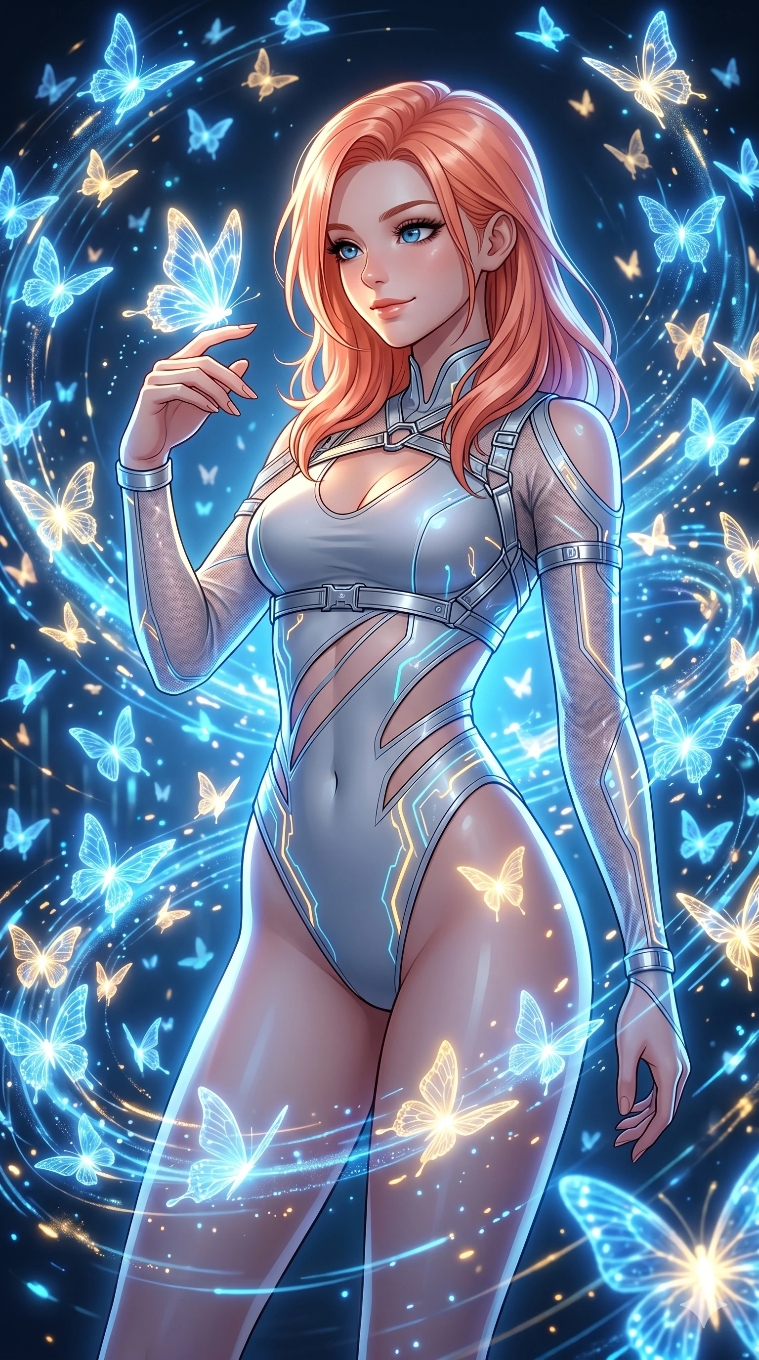 score_9, masterpiece, best quality, ultra-detailed, high-budget anime keyframe, Japanese woman. Upper body close-up from the thighs up, character filling the screen for maximum presence. She is surrounded by thousands of glowing digital butterflies that orbit her body. She reaches out to let one land on her finger, looking at it with a soft, captivating smile. She has an absolutely perfect 8-heads proportion, an exceptionally tall and slender female figure with impossibly long slender legs and an ultra-slim waist. V-shaped jawline, high-bridge nose, intricate jewel-like eyes with depth, thick eyelashes, glossy lips with a natural sheen. She is wearing an ultra-sleek high-cut tech-bodysuit featuring dangerous diagonal slitted cutouts on the midriff and shoulders, reinforced by a metallic silver harness and sheer mesh sleeves. The scene is lit by brilliant blue and gold light from the butterflies and a sharp side key light. 2k, ultra detail, master piece, 9:16 ratio