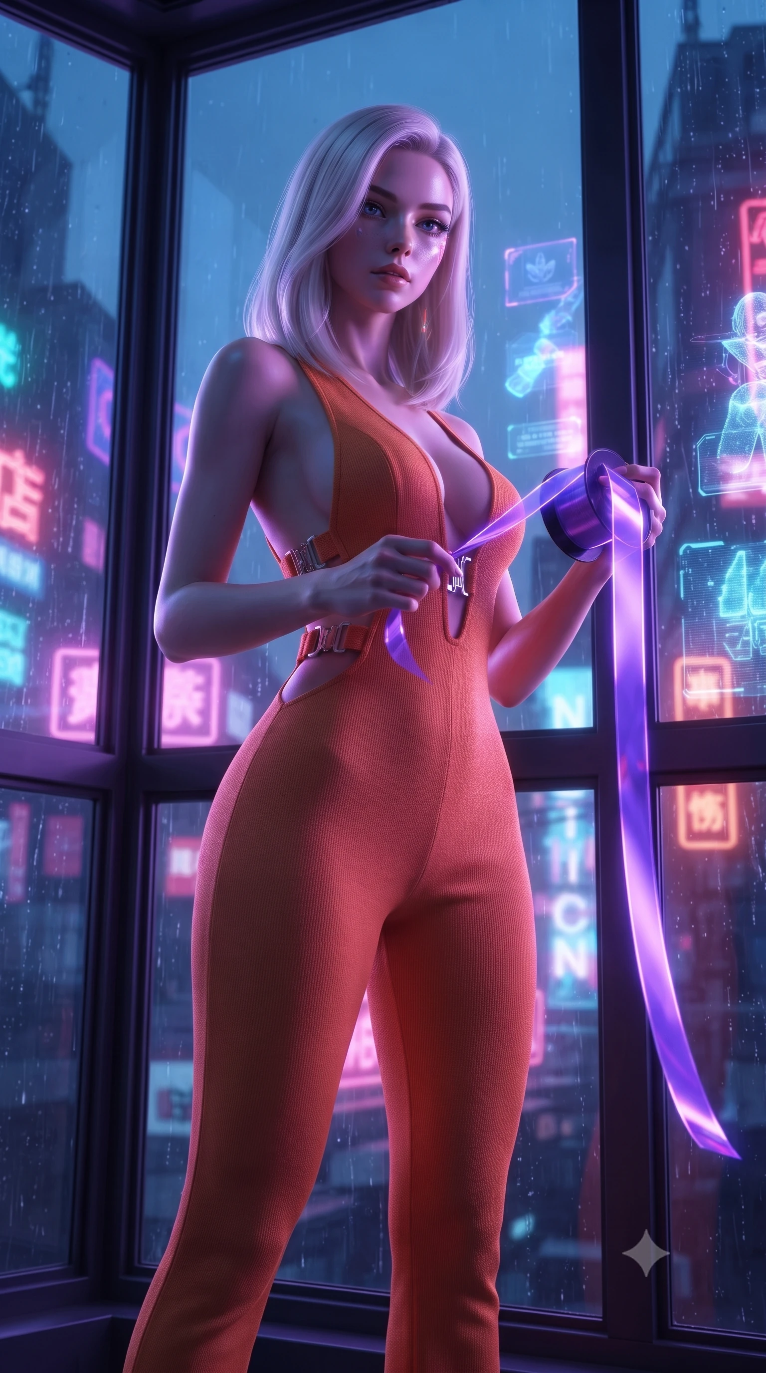 score_9, masterpiece, best quality, ultra-detailed, High-budget Anime Keyframe, editorial fashion photography, tasteful artistic composition, realistic cosplay photography, Caucasian woman, strictly human ears. Low angle cowboy shot filling the entire 9:16 frame with her statuesque presence. Scenario 539: unravelling a spool of glowing violet ribbon in a glowing neon window at twilight with soft rain falling. Her presence is magnetic and overpowering in this high-budget cinematic scene. Outfit 539: a form-contouring sunset orange bodycon knit jumpsuit with a dramatic backless design and metallic buckles. The clothing is designed to emphasize her exceptionally tall and slender 8-heads proportion. 8-heads proportion, towering silhouette, ultra-slim waist. sharp v-shaped jawline, intricate jewel-like eyes with depth, thick eyelashes, glossy lips. ultra-reflective glossy finish, specular highlights, metallic sheen, high-contrast stereoscopic depth, volumetric dynamic lighting, 2k, ultra detail, master piece, 9:16 ratio
