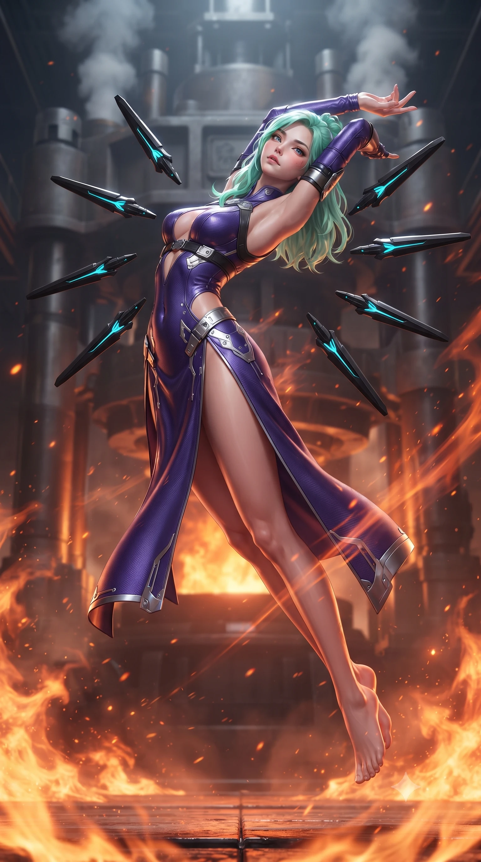 score_9, masterpiece, best quality, ultra-detailed, high-budget anime keyframe, editorial fashion photography, tasteful artistic composition, Japanese woman. low angle full-body shot from head to toe showing her feet, filling the entire 9:16 vertical frame with her statuesque presence, stretching her vertical silhouette. arching her back gracefully in mid-air during a dynamic combat vault, her weapon energy trail framing her statuesque presence while arching her spine in a fluid stretch as rising heat waves and orange embers swirl around her sculpted silhouette. The composition keeps background elements in soft focus with creamy bokeh. massive industrial forge hydraulic presses and steam vents softened in atmospheric shallow focus. She has an absolutely perfect, statuesque 8.5-heads proportion, an exceptionally tall and slender model-like female figure with impossibly long slender legs, a toned flat midriff, and an ultra-slim waist. sharp v-shaped jawline, high-bridge nose, intricate jewel-like eyes with depth, thick eyelashes, glossy lips with a natural sheen, flawlessly proportioned anatomical accuracy, strict slender model proportions, natural body alignment, perfectly sculpted long slender limbs, ultra-slim waistline, clean dynamic posture without body distortion. wearing a precision-fitted royal purple carbon-fiber battle-dress with high-slit tactical skirt and silver accents, directing eight floating nano-crystal funnel blades with sovereign gestures in matte obsidian carbon black with electric cyan conduits, tailored from flexible second-skin carbon-mesh that clings flawlessly to her athletic curves, reinforced by a sleek titanium tactical harness and glowing micro-energy straps, the precision-cut daring openings accentuating her delicate midriff, graceful bare collarbones, and ultra-slim feminine waistline. bathed in blazing orange magma uplights and intense molten plasma scythe glow. ultra-reflective glossy finish, specular highlights, dark metallic sheen, high-contrast stereoscopic depth, volumetric dynamic lighting, 2k, ultra detail, master piece, 9:16 ratio