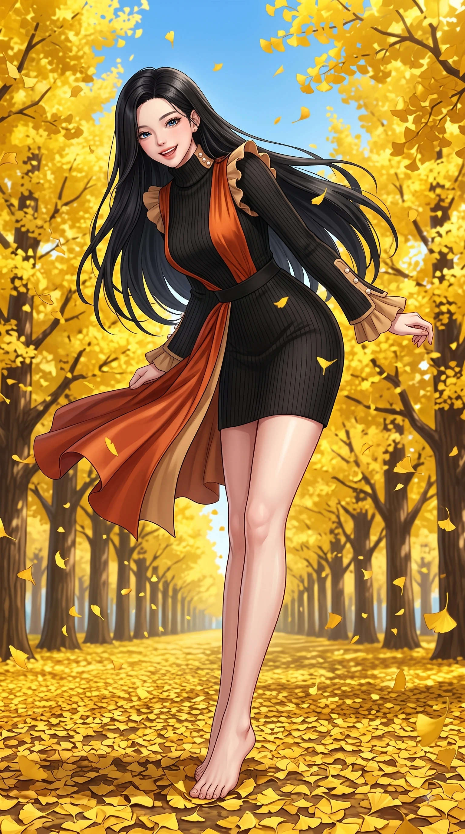 score_9, masterpiece, best quality, ultra-detailed, high-budget anime keyframe, editorial fashion photography, tasteful artistic composition, Korean woman. low angle full-body shot from head to toe showing her feet, filling the entire 9:16 vertical frame with her statuesque presence, stretching her vertical silhouette. Playful cute grin with eyes crinkling in pure girlhood delight, leaning forward with adorable energy while pivoting gracefully as golden ginkgo leaves flutter down like gold rain around her. The surrounding environment is rendered in vivid detail and crisp panoramic clarity. endless golden ginkgo tree arcades, detailed leaf carpets, and crisp blue sky in panoramic focus. She has an absolutely perfect, statuesque 8.5-heads proportion, an exceptionally tall and slender model-like female figure with impossibly long slender legs and an ultra-slim waist. sharp v-shaped jawline, high-bridge nose, intricate jewel-like eyes with depth, thick eyelashes, glossy lips with a natural sheen, flawlessly proportioned anatomical accuracy, natural body alignment, perfectly sculpted elegant limbs, clean dynamic posture without body distortion. wearing a chic black ribbed turtleneck knit dress accentuating her slender waist in burnt orange and warm camel beige, crafted from smooth liquid silk satin, accented with delicate pearl buttons and refined ruffle trims, the fluid drape swaying gracefully with her dynamic editorial movement. illuminated by bright glowing yellow ambient light and clear sky refractions. highly saturated vibrant anime colors, detailed shading with soft gradients, rich glossy textures, high-contrast stereoscopic depth, volumetric dynamic lighting, master piece, 9:16 ratio