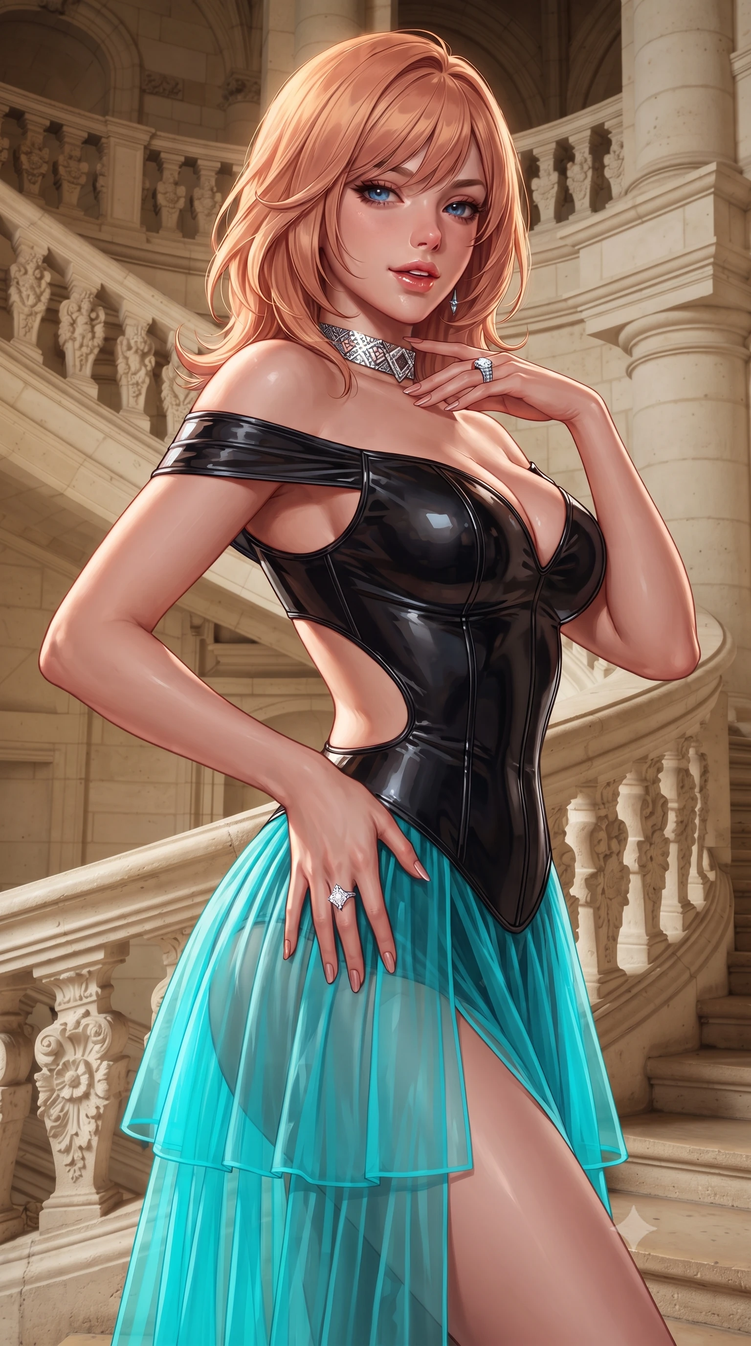 score_9, masterpiece, best quality, ultra-detailed, high-budget anime keyframe, editorial fashion photography, tasteful artistic composition, Japanese woman. close-up cowboy shot from the waist and thighs up, the character dominates the composition, filling the frame with her large presence. resting one manicured hand delicately on her hip bone, her upper body turning in a fluid, seductive S-curve while parted lips glisten in the light while pausing on the helical stone stair landing against the carved Renaissance balustrade with hips cocked, looking down with a teasing, aristocratic smile. The surrounding environment is rendered in vivid detail and crisp panoramic clarity. detailed heavy velvet gown texture, diamond necklace sparkle, and Chambord architectural clarity in high resolution. She has an exceptionally elegant, slender, and willowy female figure with an ultra-slim waist, flat toned midriff, narrow ribcage, and sculpted feminine hips creating an alluring, slim hourglass silhouette without bulk. sharp v-shaped jawline, high-bridge nose, intricate jewel-like eyes with depth, thick eyelashes, glossy parted lips with a natural sheen, intensely captivating and seductive bedroom-eyes expression, flawlessly proportioned anatomical accuracy, strict slender model proportions, natural body alignment, perfectly sculpted long slender limbs, ultra-slim waistline, clean dynamic posture without body distortion. wearing an off-shoulder French court corset bodice dress paired with a tiered translucent chiffon slit skirt in neon electric cyan and lacquer black, tailored from second-skin aerodynamic stretch vinyl with specular wet sheen, complemented by a bold geometric choker and sparkling cocktail ring, the precision-cut side openings and low-back scoop framing her graceful spine and the sensual sweep of her slim, toned hips. illuminated by warm limestone ambient bounce light accentuating her graceful neckline, narrow waist, and curvy hips. ultra-reflective glossy finish, specular highlights, rich textural contrasts, high-contrast stereoscopic depth, volumetric dynamic lighting, 2k, ultra detail, master piece, 9:16 ratio