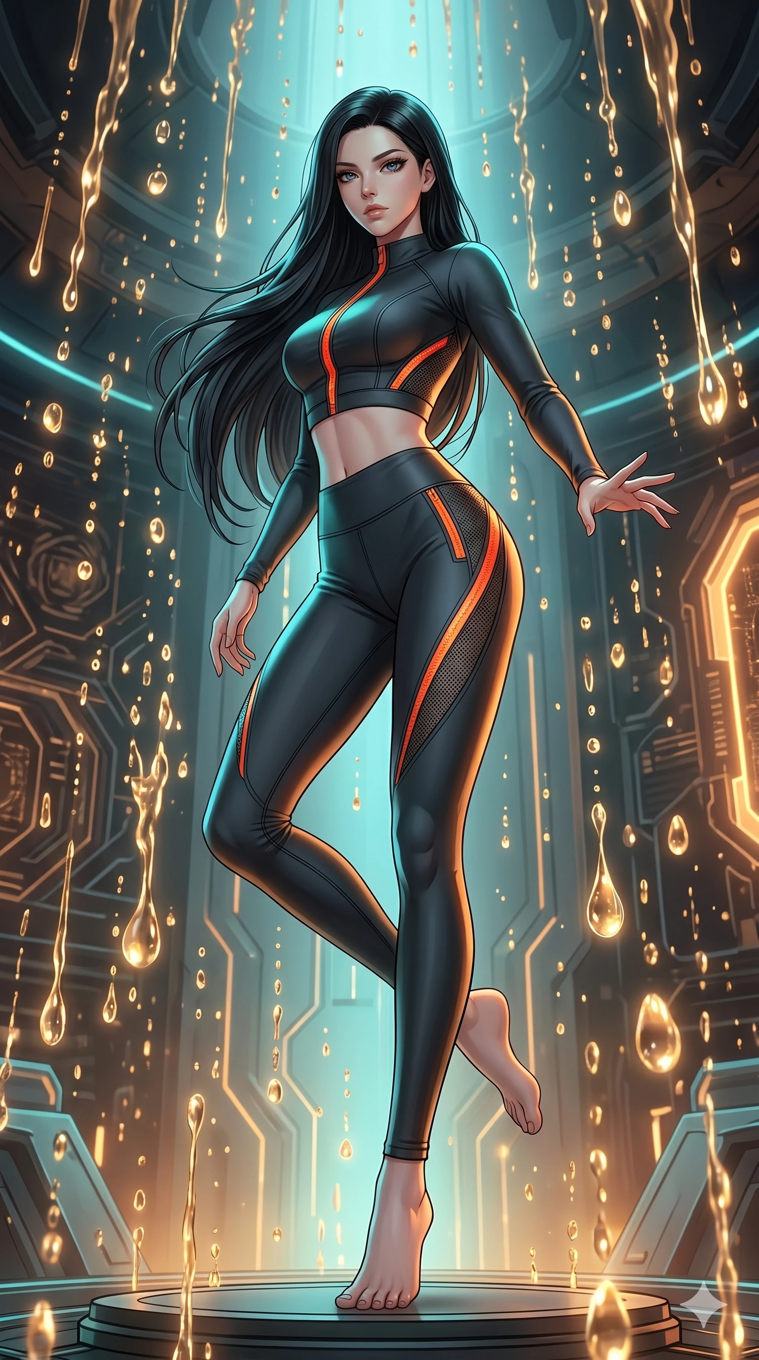 score_9, masterpiece, best quality, ultra-detailed, high-budget anime keyframe, Caucasian woman, strictly human ears. low angle full-body shot filling the entire 9:16 frame with her statuesque presence, stretching the vertical silhouette. dodging ethereal liquid gold rain that rises upward from the ground in warm shimmering droplets under an inverted gravity field. She has an absolutely perfect 8-heads proportion, an exceptionally tall and slender female figure with impossibly long slender legs and an ultra-slim waist. V-shaped jawline, high-bridge nose, intricate jewel-like eyes with depth, thick eyelashes, glossy lips with a natural sheen.. wearing a second-skin neoprene cyber-athleisure set, featuring a tight crop top and leggings with fluorescent orange zipper accents and side slash panels. accented by dynamic color-blocked lighting with high-contrast shadows emphasizing her statuesque height. 2k, ultra detail, master piece, 9:16 ratio