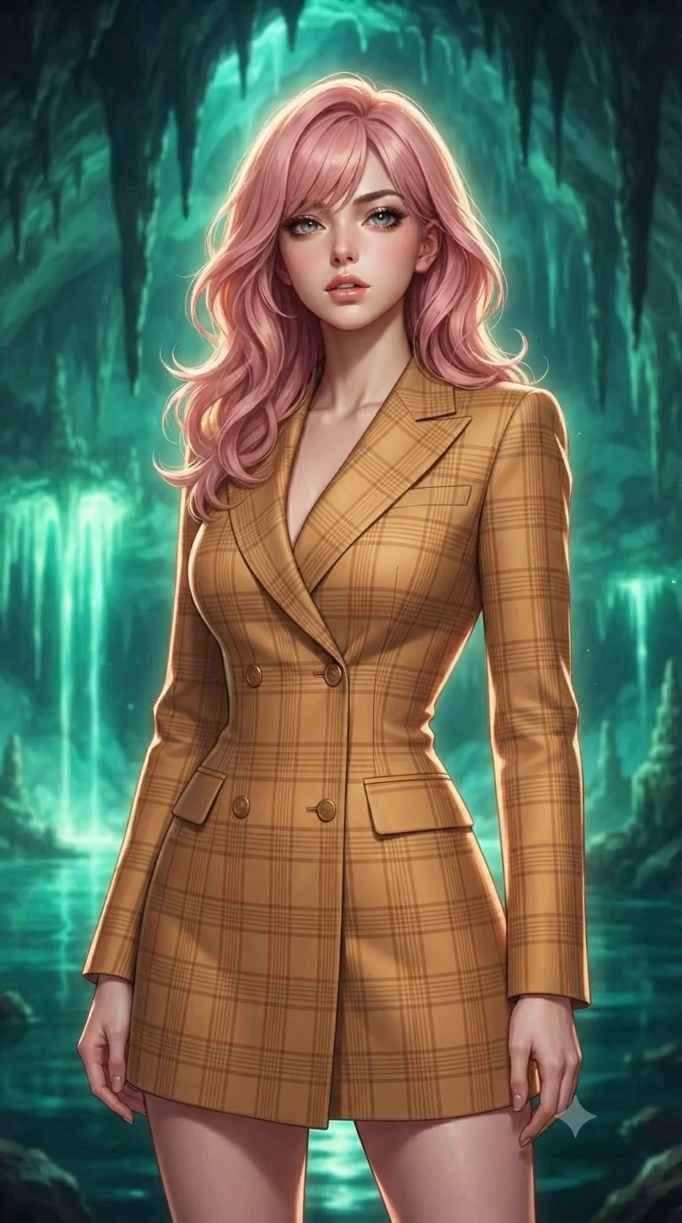 score_9, masterpiece, best quality, ultra-detailed, high-budget anime keyframe, editorial fashion photography, tasteful artistic composition, Japanese woman. close-up cowboy shot from the waist and thighs up, the character dominates the composition, filling the frame with her large presence, background elements kept in soft focus. Looking directly at the camera with a bold fearless expression and parted lips. set against a soft-focus background of a vast underground river that glows with intense green-blue phosphorescence illuminating the stalactite cathedral ceiling high above with mineral formations dripping luminous water creating glowing curtains of living light. She has an exceptionally elegant and slender, willowy female figure with an ultra-slim waist, a gracefully sculpted slender torso, and a refined slim physique. sharp v-shaped jawline, high-bridge nose, intricate jewel-like eyes with depth, thick eyelashes, glossy lips with a natural sheen. wearing a fitted double-breasted blazer dress in a bright camel plaid, nips at her ultra-slim waist to emphasize her slender proportions. dramatic backlight creating a radiant halo effect around her entire silhouette. 2k, ultra detail, master piece, 9:16 ratio