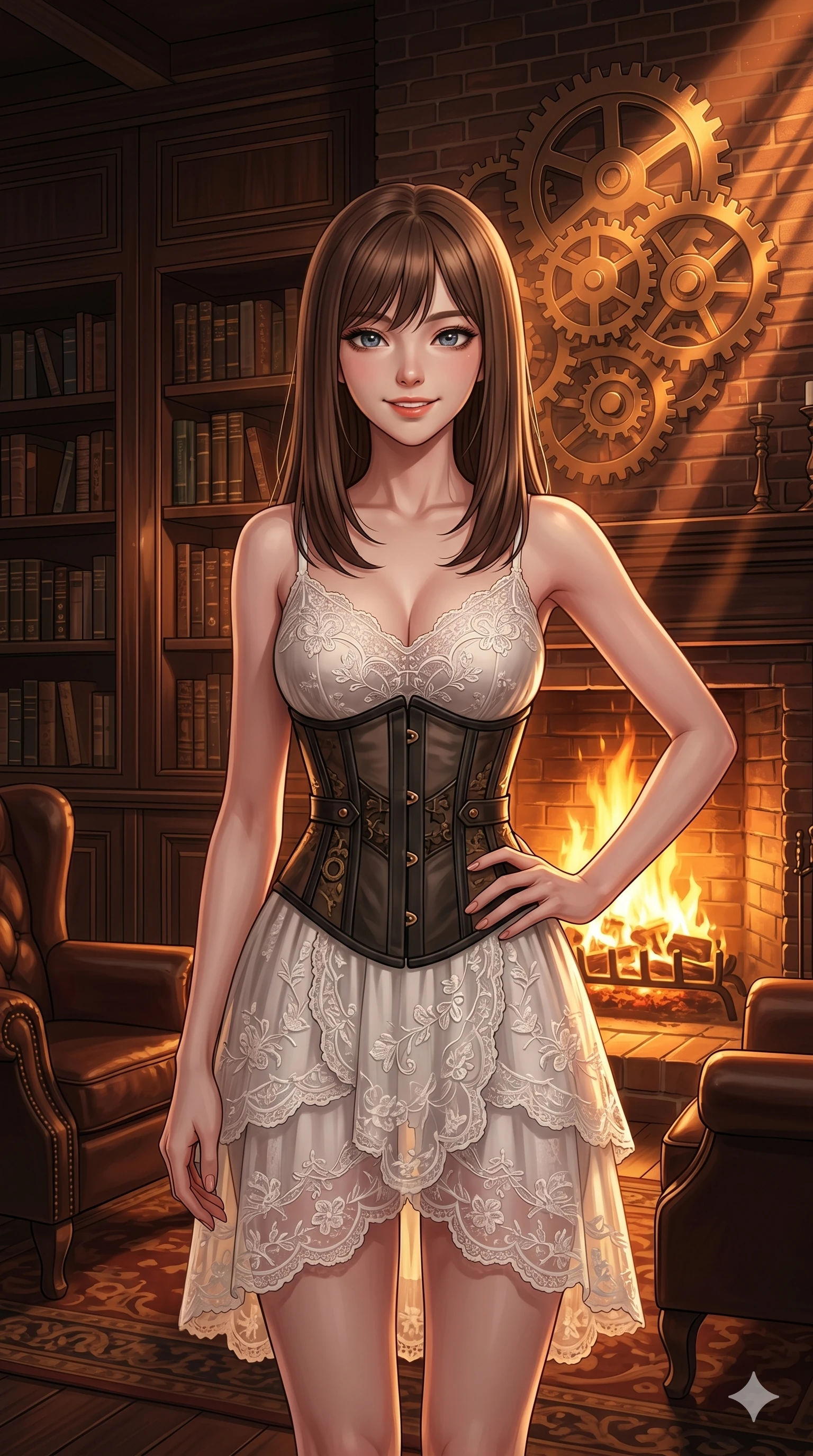 score_9, masterpiece, best quality, ultra-detailed, high-budget anime keyframe, editorial fashion photography, tasteful artistic composition, Korean woman. cowboy shot from the thighs up, character and outfit filling the frame for maximum editorial presence. resting her hand on her hip, looking at the viewer with a confident smile inside a cozy library lounge with a roaring brick fireplace at twilight (Code-P18-182). She has an absolutely perfect 8-heads proportion, an exceptionally tall and slender female figure with impossibly long slender legs and an ultra-slim waist. V-shaped jawline, high-bridge nose, intricate jewel-like eyes with depth, thick eyelashes, glossy lips with a natural sheen. wearing a semi-opaque corset over a white lace slip dress. amber and copper light rays refracting through the gears, creating deep dramatic shadows. 2k, ultra detail, master piece, 9:16 ratio