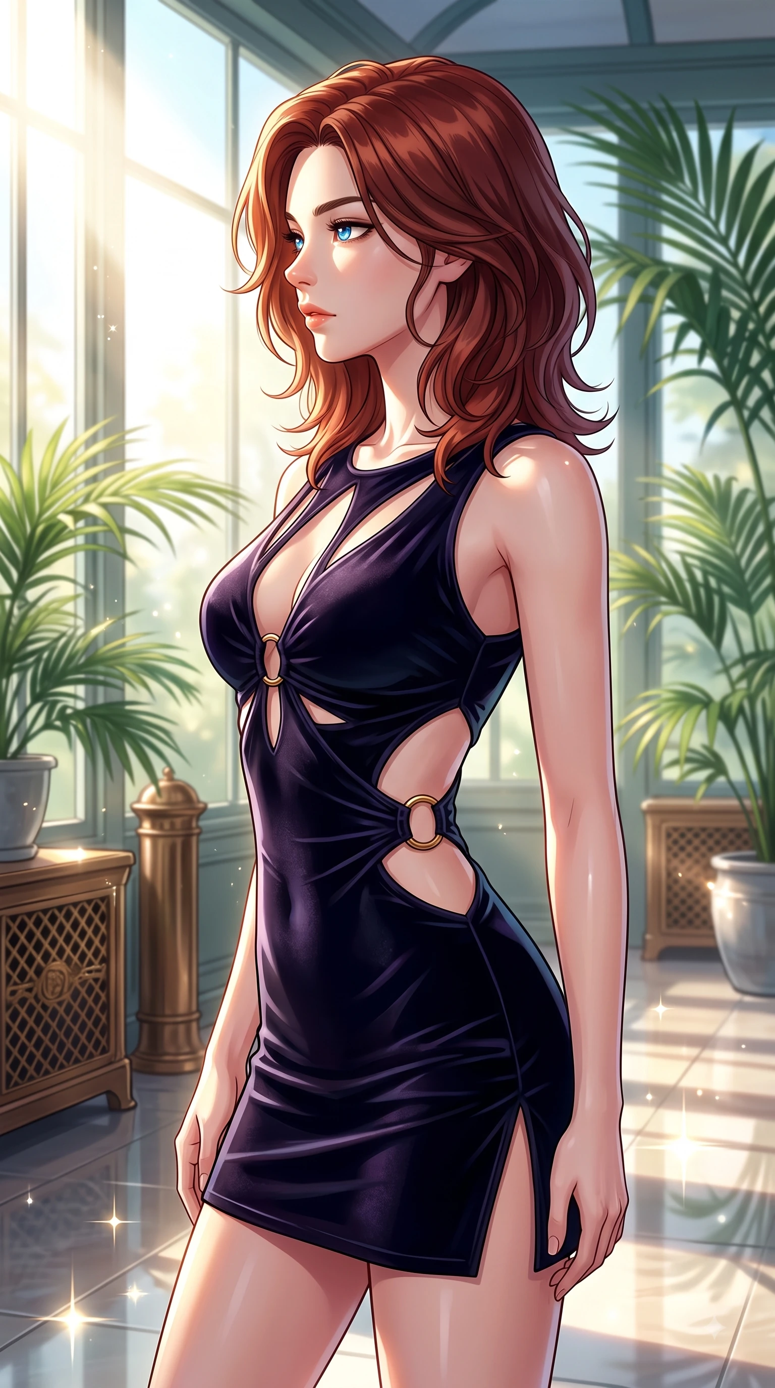 score_9, masterpiece, best quality, ultra-detailed, high-budget anime keyframe, editorial fashion photography, tasteful artistic composition, Korean woman woman. close-up cowboy shot from the waist and thighs up, the character dominates the composition, filling the frame with her large presence, background elements kept in soft focus. She has an exceptionally elegant, slender, and willowy female figure with an ultra-slim waist, a gracefully sculpted slender torso, and a refined silhouette. turning her head in a sharp dramatic profile against the key light, her eyes glowing with calm focus, flawlessly proportioned anatomical accuracy, natural body alignment, perfectly sculpted elegant limbs, clean dynamic posture without body distortion. set against a soft-focus background of a luxury sunroom filled with potted palms and bronze vents. wearing a slitted cutout bodycon mini dress in dark velvet with gold ring hardware framing her waist. bathed in bright morning sunbeams creating sparkling glints on polished floors. highly saturated vibrant anime colors, detailed shading with soft gradients, rich glossy textures, high-contrast stereoscopic depth, volumetric dynamic lighting, master piece, 9:16 ratio