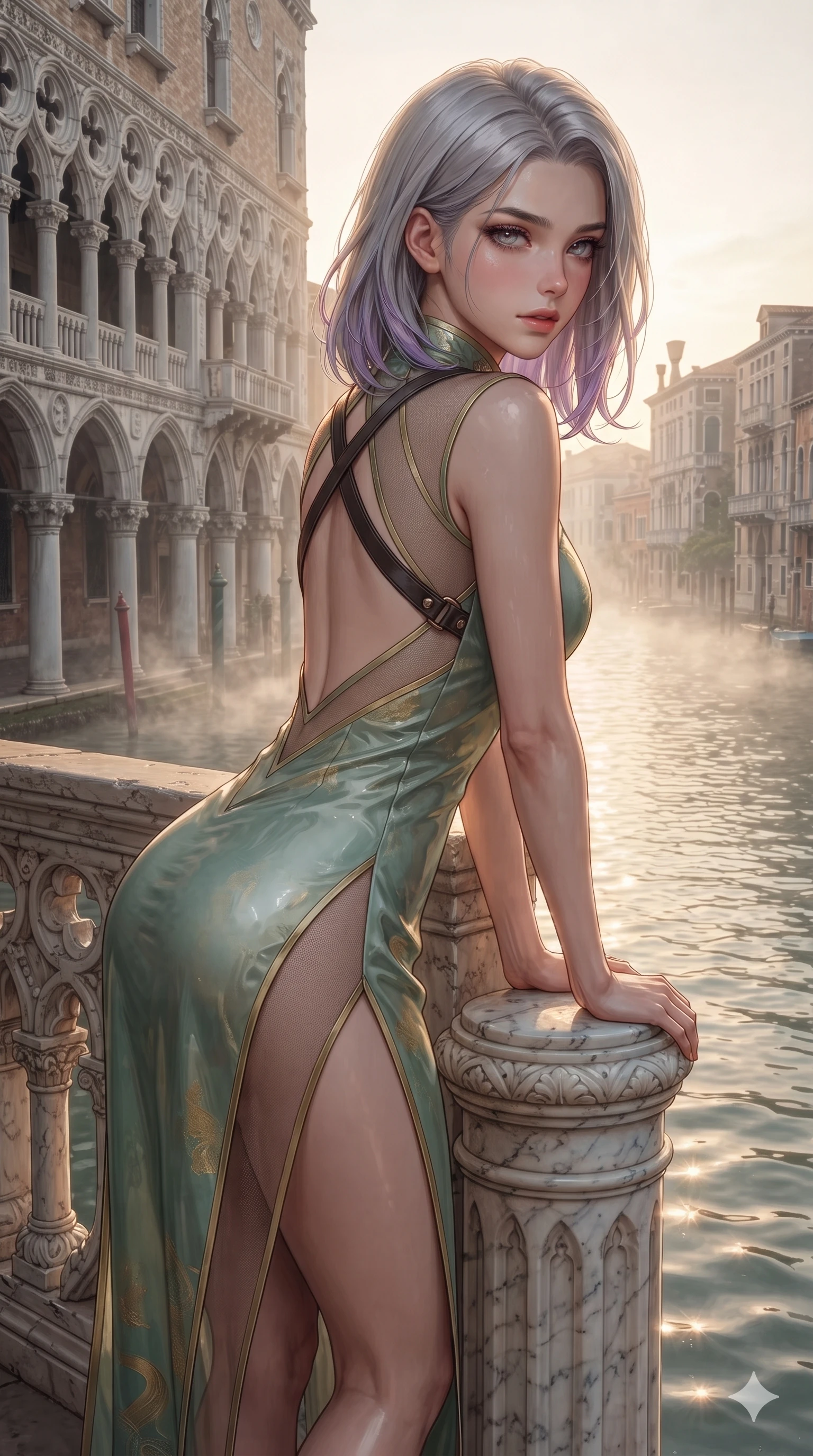 score_9, masterpiece, best quality, ultra-detailed, high-budget anime keyframe, editorial fashion photography, tasteful artistic composition, Caucasian woman. close-up cowboy shot from the waist and thighs up, the character dominates the composition, filling the frame with her large presence. leaning forward over the carved stone gothic balustrade, looking back with sleepy seductive bedroom-eyes as water reflections dance across her silhouette while leaning against the carved marble mooring bollard with hips cocked back, looking through morning canal mist with heavy-lidded seductive bedroom-eyes. The surrounding environment is rendered in vivid detail and crisp panoramic clarity: detailed haute-couture liquid-silk drape, metallic clasp accents, and historic Venetian maritime architecture in razor-sharp precision. She has an exceptionally elegant, slender, and willowy female figure with an ultra-slim waist, flat toned midriff, narrow ribcage, and sculpted feminine hips creating an alluring, slim hourglass silhouette without bulk. sharp v-shaped jawline, high-bridge nose, intricate jewel-like sparkling eyes with depth, thick eyelashes, glossy parted lips with a natural sheen, intensely captivating and seductive bedroom-eyes expression, exuding both youthful cute charm and sovereign luxury allure, flawlessly proportioned anatomical accuracy, strict slender model proportions, natural body alignment, perfectly sculpted long slender limbs, ultra-slim waistline, clean dynamic posture without body distortion. wearing a wet-look silk fusion wrap dress with asymmetrical sheer mesh cutouts and high Mandarin collar in celadon jade and antique gold-leaf, woven from buttery-soft stretch lambskin leather adhering to her body like a second skin, featuring an open-back criss-cross harness strap in dark leather, the impeccably tailored cut draping gracefully along her slender figure with aristocratic poise. bathed in the warm radiant 2700K morning sunlight reflecting off the canal ripples with crisp specular glints. ultra-reflective glossy finish, specular highlights, rich textural contrasts, high-contrast stereoscopic depth, volumetric dynamic lighting, 2k, ultra detail, master piece, 9:16 ratio