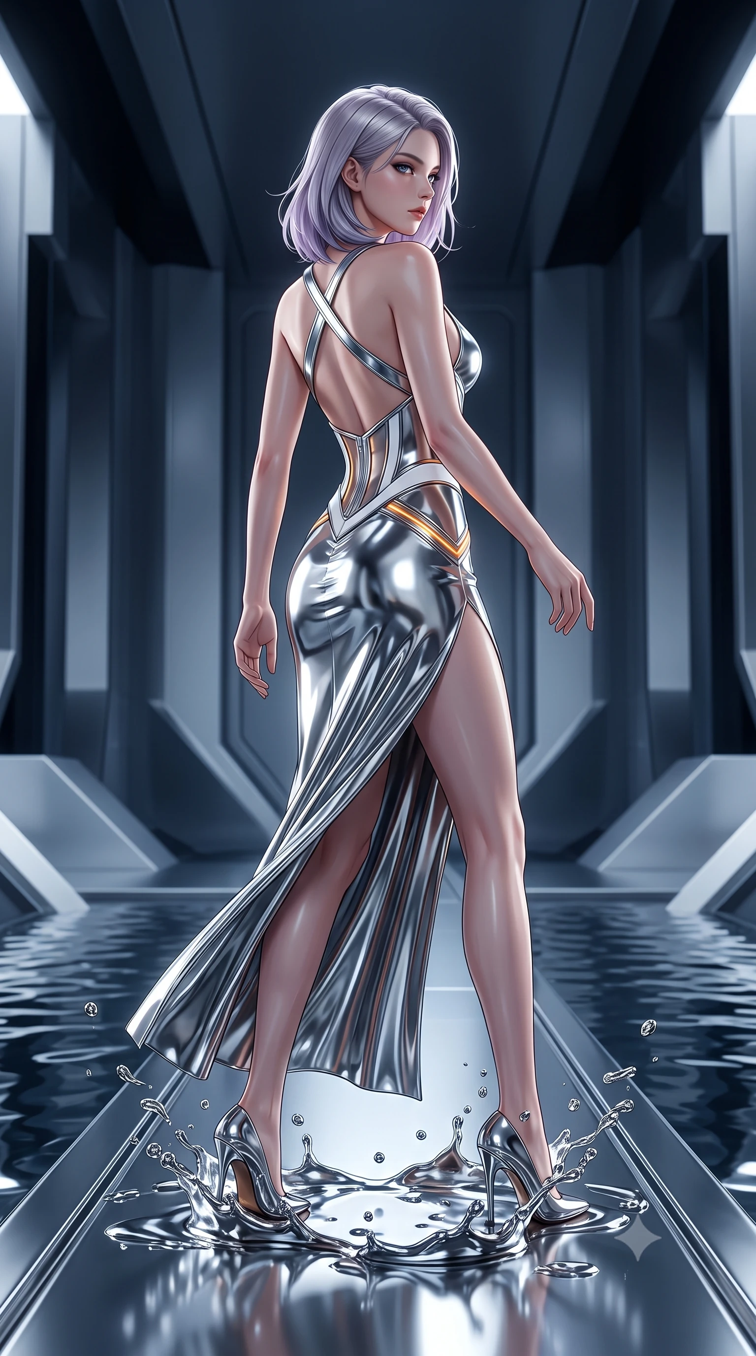 score_9, masterpiece, best quality, ultra-detailed, high-budget anime keyframe, editorial fashion photography, tasteful artistic composition, Caucasian woman. low angle full-body shot from head to toe showing her feet, filling the entire 9:16 vertical frame with her statuesque presence, stretching her vertical silhouette. pivoting dynamically in mid-motion with a breathtakingly alluring posture, displaying her flawless model proportions, toned flat midriff, and ultra-slim waist while pivoting dynamically on a submerged chrome walkway as liquid mercury droplets splash like molten chrome beads in mid-air. The surrounding environment is rendered in vivid detail and crisp panoramic clarity. deep environmental chiaroscuro and sacred technological sanctuary architecture rendered with precision. She has an absolutely perfect, statuesque 8.5-heads proportion, an exceptionally tall and slender model-like female figure with impossibly long slender legs, a toned flat midriff, and an ultra-slim waist. sharp v-shaped jawline, high-bridge nose, intricate jewel-like eyes with depth, thick eyelashes, glossy lips with a natural sheen, flawlessly proportioned anatomical accuracy, strict slender model proportions, natural body alignment, perfectly sculpted long slender limbs, ultra-slim waistline, clean dynamic posture without body distortion. wearing a backless molten silver liquid-metal gown with a high-cut side slit and precision-fitted waist boning in high-contrast monochrome white enamel and glowing amber lines, formed from high-gloss patent material with specular chiaroscuro reflections, complemented by criss-cross back straps highlighting her completely bare spine, the glove-like aerodynamic second-skin fit tightly clinging to her ultra-slender waist and athletic curves without adding bulk, accentuating her razor-sharp statuesque lines and slim hourglass silhouette. illuminated by crisp white key lighting with specular metallic highlights tracing her slender curves. ultra-reflective glossy finish, specular highlights, dark metallic sheen, high-contrast stereoscopic depth, volumetric dynamic lighting, 2k, ultra detail, master piece, 9:16 ratio