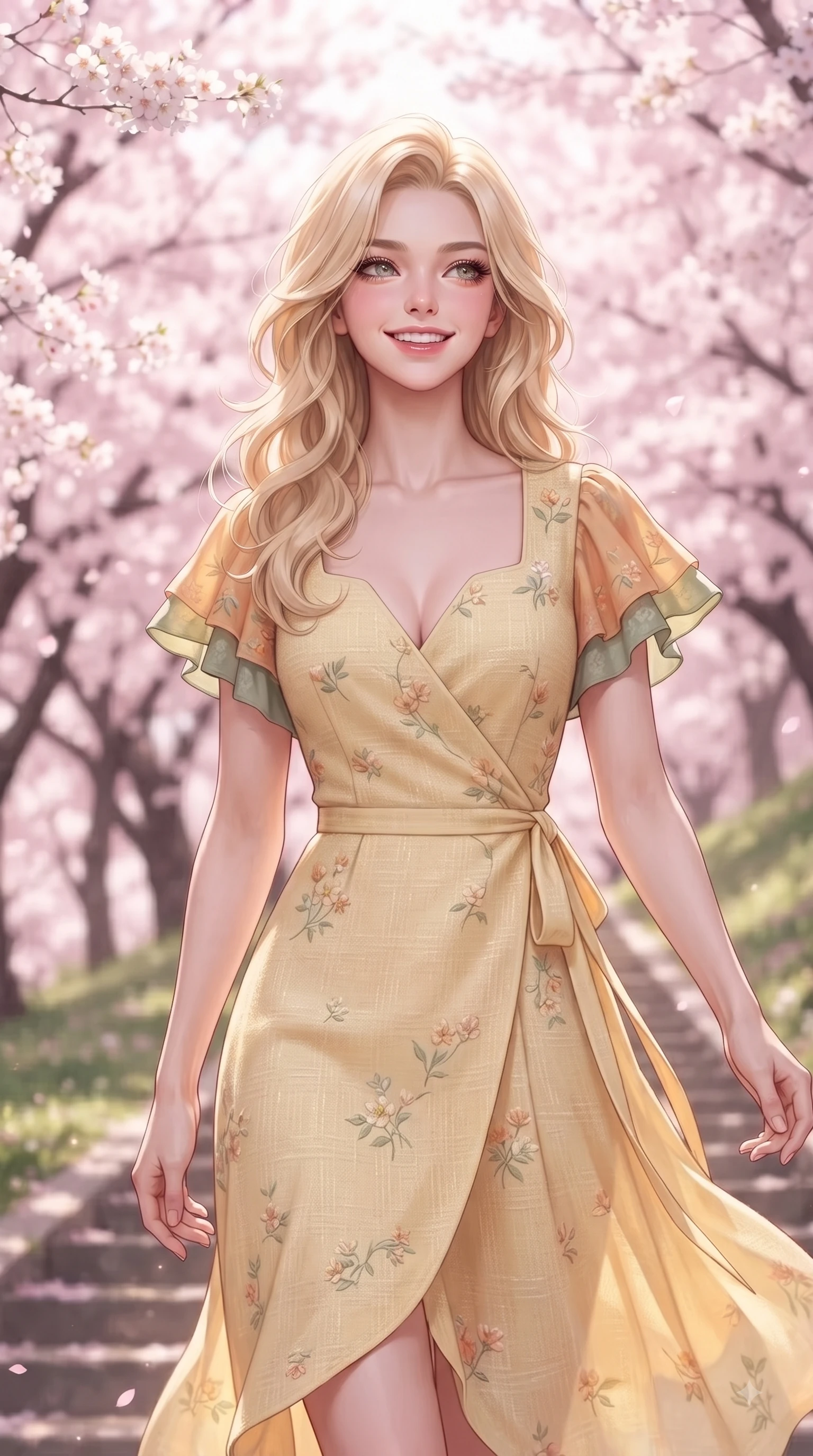 score_9, masterpiece, best quality, ultra-detailed, high-budget anime keyframe, editorial fashion photography, tasteful artistic composition, Caucasian woman. close-up cowboy shot from the waist and thighs up, the character dominates the composition, filling the frame with her large presence. Radiant youthful grin reflecting girlhood charm while casting a playful, joyful side-gaze with heavy lashes while walking up a gentle hill path lined with blooming sakura cherry trees in full spring bloom. The composition keeps background elements in soft focus with dreamy bokeh. dense cherry blossom canopies blurring into a dreamy, glowing pink and white bokeh backdrop. She has an exceptionally elegant, slender, and willowy female figure with an ultra-slim waist, a gracefully sculpted slender torso, and a refined silhouette. sharp v-shaped jawline, high-bridge nose, intricate jewel-like eyes with depth, thick eyelashes, glossy lips with a natural sheen, flawlessly proportioned anatomical accuracy, natural body alignment, perfectly sculpted elegant limbs, clean dynamic posture without body distortion. wearing an elegant butter-yellow wrap midi dress with subtle floral embroidery and flutter sleeves in warm apricot and sage green, tailored from soft pastel tweed with subtle metallic thread, featuring elegant flutter sleeves and a graceful square neckline, the breezy lightweight fabric fluttering softly against her delicate frame. surrounded by a fresh, sweet, and nostalgic spring park atmosphere. ultra-reflective glossy finish, specular highlights, metallic sheen, high-contrast stereoscopic depth, volumetric dynamic lighting, 2k, ultra detail, master piece, 9:16 ratio