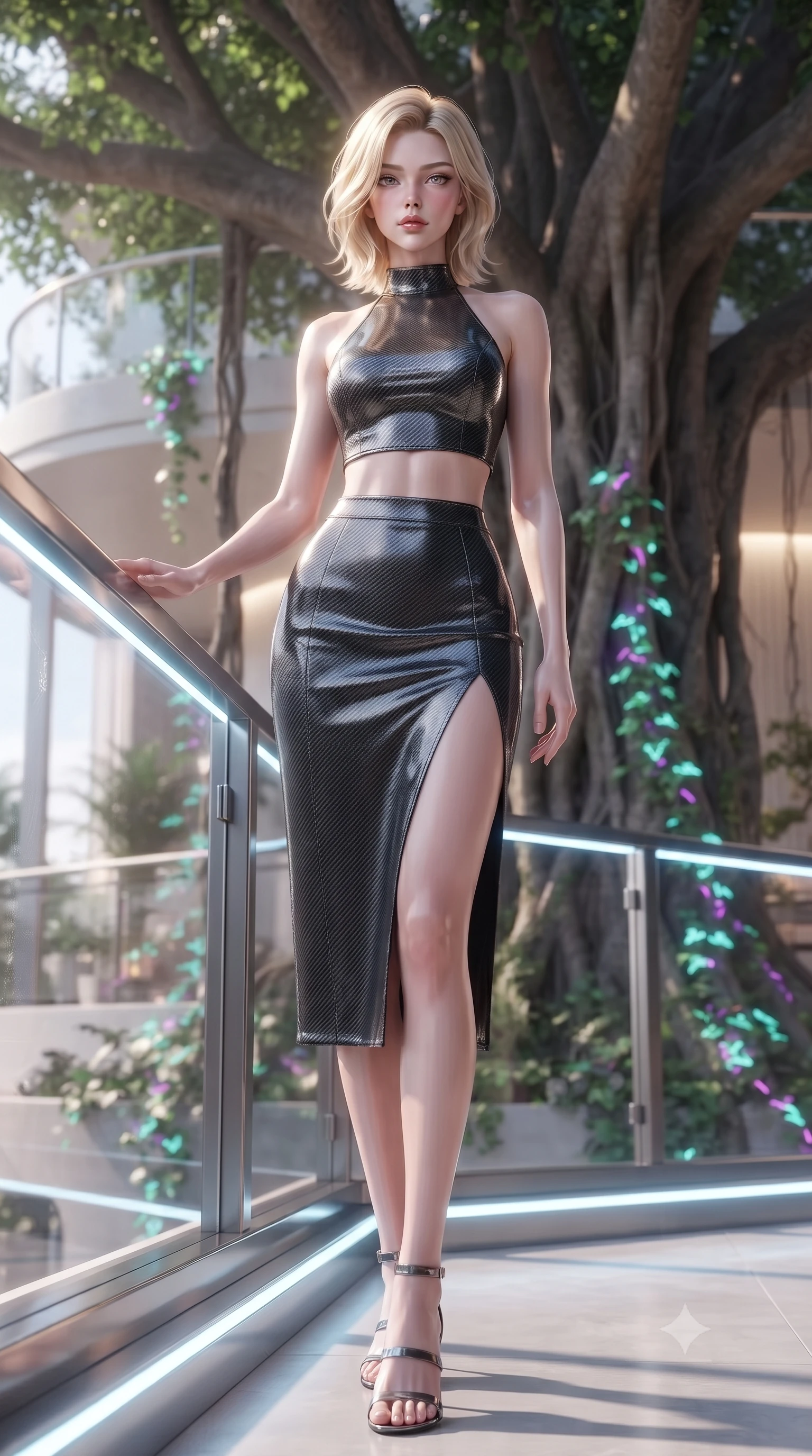 score_9, masterpiece, best quality, ultra-detailed, high-budget anime keyframe, editorial fashion photography, tasteful artistic composition, Caucasian woman. low angle full-body shot from head to toe showing her feet, filling the entire 9:16 vertical frame with her statuesque presence, stretching her vertical silhouette. standing in a tall, confident posture with one hand on a glowing metal railing, stretching her statuesque body, the background shows a soft-focus a banyan tree balcony decorated with climbing neon ivy and glass railings. She has an absolutely perfect, statuesque 8.5-heads proportion, an exceptionally tall and slender model-like female figure with impossibly long slender legs and an ultra-slim waist. sharp v-shaped jawline, high-bridge nose, intricate jewel-like eyes with depth, thick eyelashes, glossy lips with a natural sheen. wearing a tailored carbon-fiber halter-neck crop top paired with a matching high-slit midi skirt, revealing her slim waist. bright morning sun rays creating fresh and energetic shadows on her gear. ultra-reflective glossy finish, specular highlights, metallic sheen, high-contrast stereoscopic depth, volumetric dynamic lighting, 2k, ultra detail, master piece, 9:16 ratio