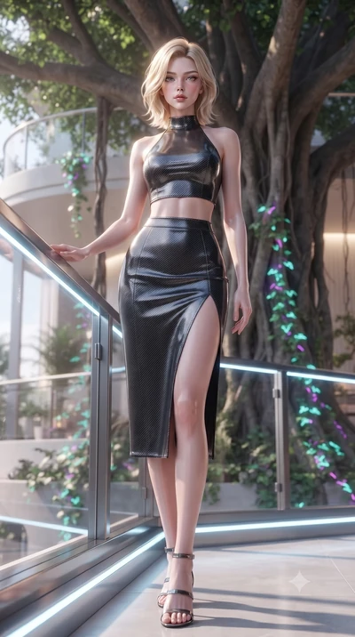 score_9, masterpiece, best quality, ultra-detailed, high-budget anime keyframe, editorial fashion photography, tasteful artistic composition, Caucasian woman. low angle full-body shot from head to toe showing her feet, filling the entire 9:16 vertica