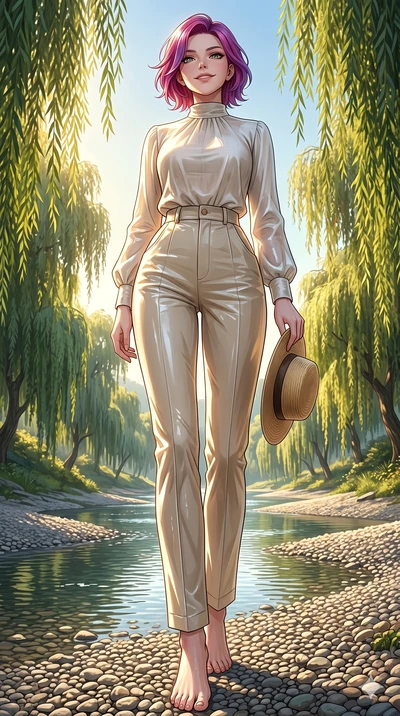 score_9, masterpiece, best quality, ultra-detailed, high-budget anime keyframe, editorial fashion photography, tasteful artistic composition, Caucasian woman, strictly human ears. low angle full-body shot from head to toe showing her feet, filling th