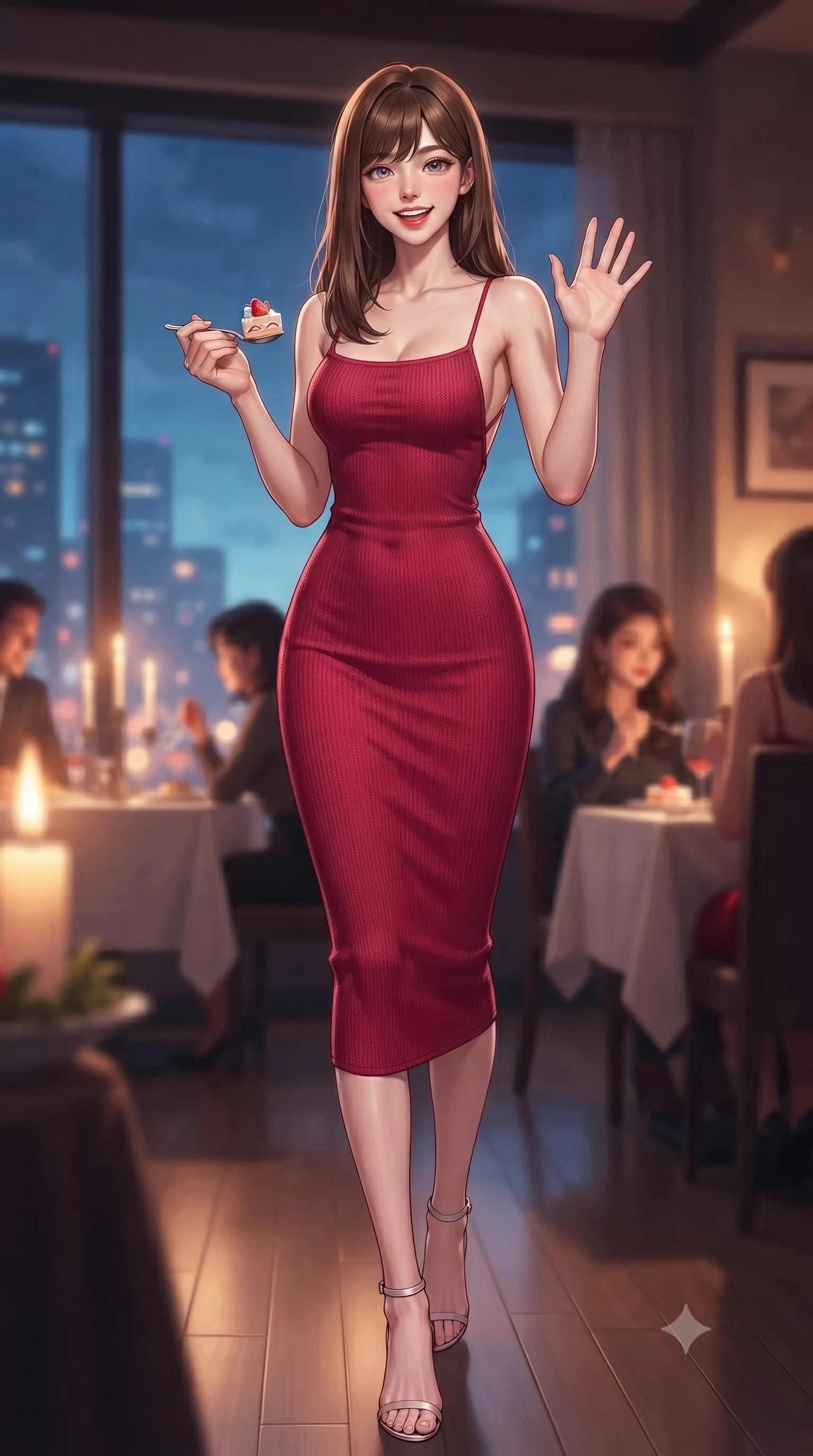 score_9, masterpiece, best quality, ultra-detailed, high-budget anime keyframe, editorial fashion photography, tasteful artistic composition, Korean woman. low angle full-body shot from head to toe showing her feet, filling the entire 9:16 vertical frame with her statuesque presence, stretching her vertical silhouette. stepping forward with a bright, cheerful smile, waving happily at the viewer set against a soft-focus background of inside a warm family restaurant filled with the smell of fresh pizza holding a spoon with a bite of strawberry cake, smiling happily at the camera. She has an absolutely perfect, statuesque 8.5-heads proportion, an exceptionally tall and slender model-like female figure with impossibly long slender legs and an ultra-slim waist. sharp v-shaped jawline, high-bridge nose, intricate jewel-like eyes with depth, thick eyelashes, glossy lips with a natural sheen. wearing slim-fit body-hugging knit midi dress with a tasteful open-back design and thin straps. soft candle light clashing with the cool blue city twilight sky outside. highly saturated vibrant anime colors, detailed shading with soft gradients, rich glossy textures, high-contrast stereoscopic depth, volumetric dynamic lighting, master piece, 9:16 ratio