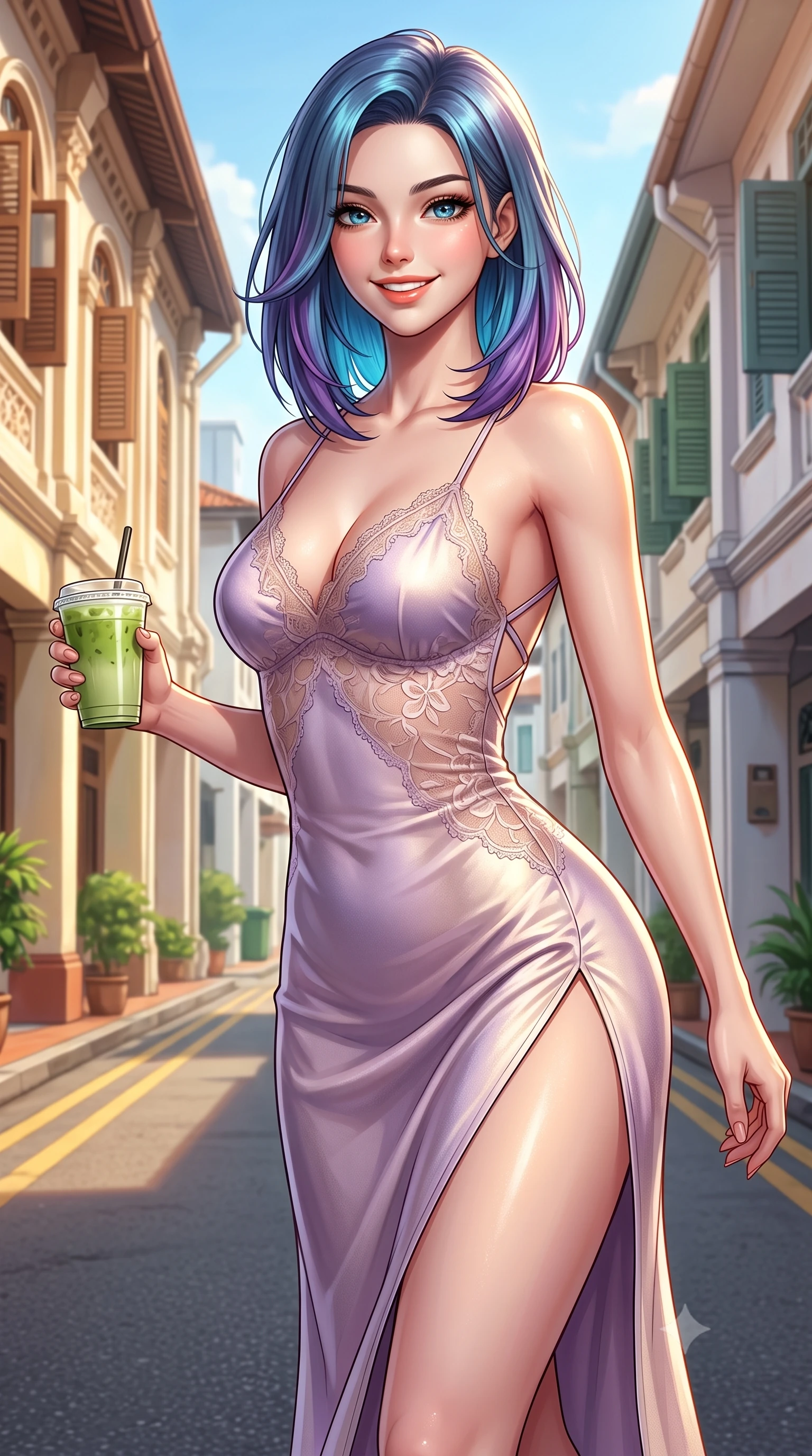 score_9, masterpiece, best quality, ultra-detailed, high-budget anime keyframe, semi-realistic 3D game render, editorial fashion photography, tasteful artistic composition, Caucasian woman. close-up cowboy shot from the waist and thighs up, the character dominates the composition, filling the frame with her large presence. leaning forward with playful cute grace while arching her lower back to accentuate her curvy hips, looking into the camera with a bright cheerful smile and alluring coquettish bedroom-eyes while walking down the quiet heritage street with an iced matcha latte in hand, her form-contouring casual chic outfit accentuating her narrow waist and rounded hips. The surrounding environment is rendered in vivid detail and crisp panoramic clarity. detailed linen outfit drape, warm sunlight glints on skin, and Tiong Bahru heritage architecture in high resolution. She has an exceptionally elegant, slender, and willowy female figure with an ultra-slim waist, flat toned midriff, narrow ribcage, and sculpted feminine hips creating an alluring, slim hourglass silhouette without bulk. sharp v-shaped jawline, high-bridge nose, intricate jewel-like sparkling eyes with depth, thick eyelashes, glossy parted lips with a natural peach sheen, bright cheerful beaming smile with an enchanting and coquettish sensual glint, exuding both youthful cute charm and seductive allure, flawlessly proportioned anatomical accuracy, strict slender model proportions, natural body alignment, perfectly sculpted long slender limbs, ultra-slim waistline, clean dynamic posture without body distortion. wearing a breezy silk-satin slip dress featuring a thigh-high side slit ascending to the high hip and criss-cross back straps in soft lilac and champagne shimmer, made of sheer contouring stretch lace with delicate floral patterns, finished with delicate lace scallop edging along the neckline, the glove-like silhouette tightly following the natural contour of her hips and long slender legs with youthful 8.5-heads elegance. illuminated by soft wall bounce light sharply sculpting her razor-sharp jawline, narrow waist, and curvy hips. highly saturated vibrant anime colors, detailed shading with soft gradients, rich glossy textures, high-contrast stereoscopic depth, volumetric dynamic lighting, master piece, 9:16 ratio