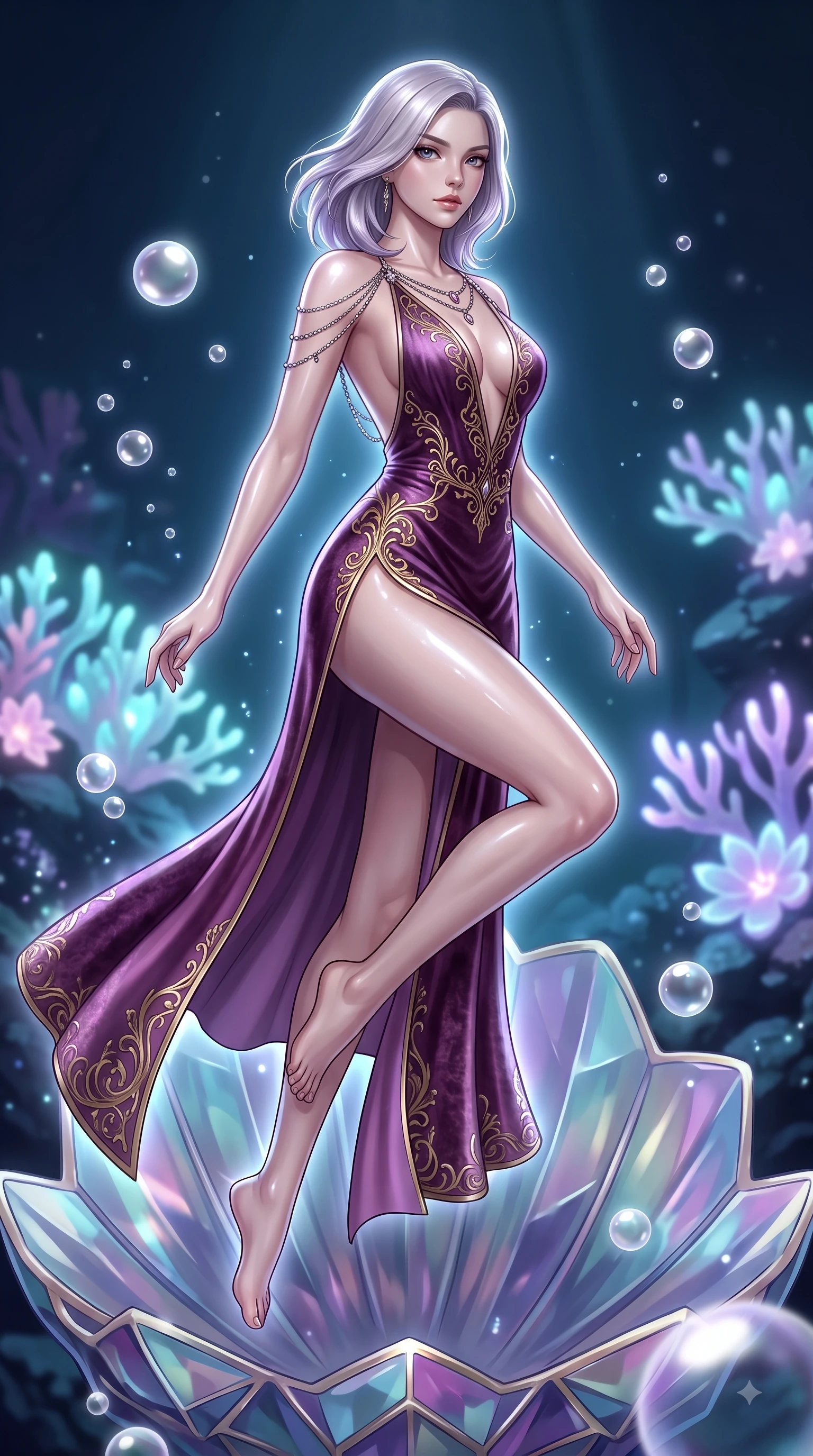 score_9, masterpiece, best quality, ultra-detailed, high-budget anime keyframe, editorial fashion photography, tasteful artistic composition, Caucasian woman. low angle full-body shot from head to toe showing her feet, filling the entire 9:16 vertical frame with her statuesque presence, stretching her vertical silhouette. leaping gracefully through mid-air with statuesque elegance, her impossibly long slender legs stretched in perfect balance while poised on an abyssal prism shell throne as gentle sea bubbles cast pearl-white highlights, glowing coral blossoms emitting soft aqua and lavender light in the background. She has an absolutely perfect, statuesque 8.5-heads proportion, an exceptionally tall and slender model-like female figure with impossibly long slender legs and an ultra-slim waist. sharp v-shaped jawline, high-bridge nose, intricate jewel-like eyes with depth, thick eyelashes, glossy lips with a natural sheen, flawlessly proportioned anatomical accuracy, natural body alignment, perfectly sculpted elegant limbs, clean dynamic posture without body distortion. wearing a backless crushed velvet gown with a deep V-neckline and high thigh slit in plum purple and gold filigree, crafted from smooth liquid silk, adorned with delicate metallic chain straps along the neckline, the tailored fabric tightly following every curve of her athletic build. surrounded by a shimmering ocean aura with bright pearl-white specular rim lights. ultra-reflective glossy finish, specular highlights, metallic sheen, high-contrast stereoscopic depth, volumetric dynamic lighting, 2k, ultra detail, master piece, 9:16 ratio