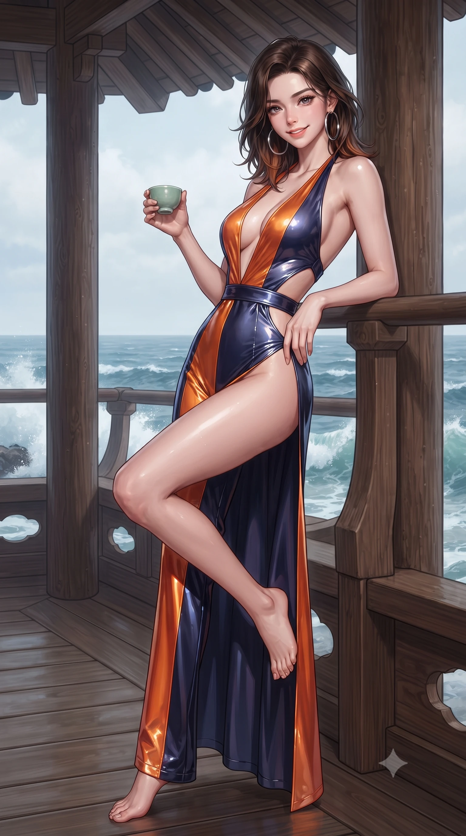 score_9, masterpiece, best quality, ultra-detailed, high-budget anime keyframe, editorial fashion photography, tasteful artistic composition, Korean woman. low angle full-body shot from head to toe showing her feet, filling the entire 9:16 vertical frame with her statuesque presence, stretching her vertical silhouette. leaning deep against the balcony balustrade with hips cocked back in an unapologetically alluring high-fashion stance, casting an intoxicating glance while lounging on the wooden pavilion floor with one leg drawn up, holding a celadon wine cup with an intoxicating, teasing smile. The surrounding environment is rendered in vivid detail and crisp panoramic clarity: sharp pine bark textures, wooden pillar grain, and crashing wave crest clarity in deep focus. She has an absolutely perfect, statuesque 8.5-heads proportion, an exceptionally tall and slender model-like female figure with impossibly long slender legs, an ultra-slim waist, a flat toned midriff, narrow delicate ribcage, and beautifully sculpted feminine hips creating a graceful, slim hourglass silhouette without any bulky heaviness. sharp v-shaped jawline, high-bridge nose, sparkling eyes with hypnotic seductive depth, thick curled eyelashes, glossy parted lips with a natural dewy peach sheen, alluring bedroom-eyes with an enchanting coquettish smile, exuding magnetic siren charisma and sophisticated glamour, flawlessly proportioned anatomical accuracy, strict slender model proportions, natural body alignment, perfectly sculpted long slender limbs, ultra-slim waistline, clean dynamic posture without body distortion. wearing a liquid metallic lamé plunge halterneck jumpsuit clinging like a second skin with high-cut side hip cutouts in sunset tangerine orange and deep navy indigo, crafted from wet-look high-gloss vinyl fabric with dazzling specular surface reflections, accented with oversized polished chrome hoop earrings catching the ambient neon glow, the high-slit wrap tailoring accentuating her ultra-slim waistline and the enchanting curve of her feminine hips with alluring seductive charm. illuminated by sea reflection fill and sharp platinum rim lights sculpting her delicate clavicles, narrow waist, and curvaceous hips. ultra-reflective glossy finish, specular highlights, rich textural contrasts, high-contrast stereoscopic depth, volumetric dynamic lighting, 2k, ultra detail, master piece, 9:16 ratio
