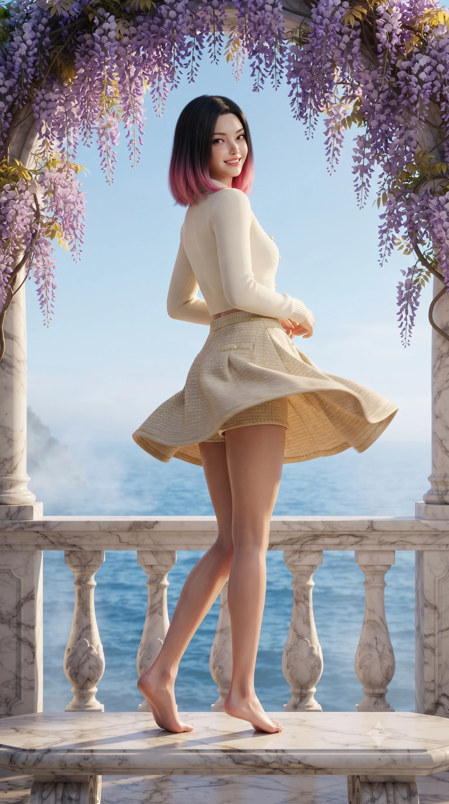 score_9, masterpiece, best quality, ultra-detailed, high-budget anime keyframe, editorial fashion photography, tasteful artistic composition, Korean woman. low angle full-body shot from head to toe showing her feet, filling the entire 9:16 vertical frame with her statuesque presence, stretching her vertical silhouette. executing a cheerful mid-motion pivot turn as her resort dress flutters around her slender legs, glancing over her shoulder with an intoxicating, teasing bedroom-gaze while sitting perched on the carved marble bench beneath blooming purple wisteria vines, casting an enchanting, playful smile with bedroom-eyes. The surrounding environment is rendered in vivid detail and crisp panoramic clarity. sharp carved marble balustrade veining, delicate wisteria petal edges, and sea mist clarity in deep focus. She has an exceptionally tall and slender model-like 8.5-heads proportion, an ultra-slim waist, a flat toned midriff, narrow delicate ribcage, and beautifully sculpted feminine hips creating a graceful, slim hourglass silhouette without any bulky heaviness, with impossibly long slender legs. sharp v-shaped jawline, high-bridge nose, sparkling amber-hazel eyes with depth, long lush eyelashes, glossy sun-kissed lips with a warm coral glaze, radiant teasing smile with sensual sunlit bedroom-eyes, exuding effortless old-money elegance and intoxicating sun-drenched allure, flawlessly proportioned anatomical accuracy, strict slender model proportions, natural body alignment, perfectly sculpted long slender limbs, ultra-slim waistline, clean dynamic posture without body distortion. wearing a chic cropped knit polo sweater paired with high-cut tailored tennis shorts hugging her rounded hips in warm champagne ivory and sun-kissed golden sand, tailored from soft pastel resort tweed with subtle gold thread shimmer, accented with neat front carved mother-of-pearl buttons, the form-fitting cut adhering flawlessly to her sculpted flat midriff and slender torso, emphasizing her long leg lines and perfectly proportioned willowy build. illuminated by deep blue ocean ambient fill and sharp warm-gold rim lights defining her razor-sharp jawline, narrow waist, and curvy hips. ultra-reflective glossy finish, specular highlights, rich textural contrasts, high-contrast stereoscopic depth, volumetric dynamic lighting, 2k, ultra detail, master piece, 9:16 ratio