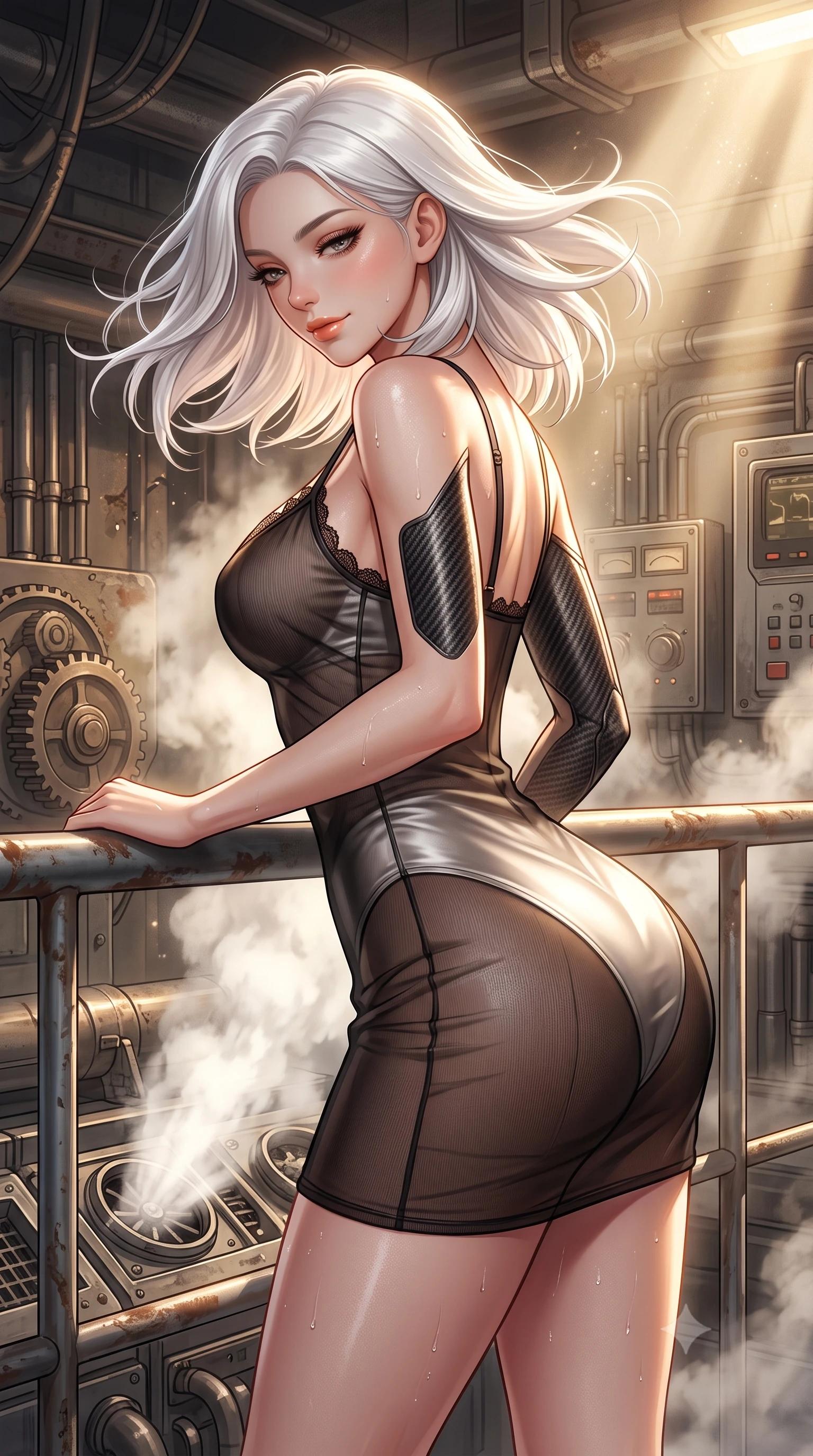 score_9, masterpiece, best quality, ultra-detailed, high-budget anime keyframe, semi-realistic 3D game render, editorial fashion photography, tasteful artistic composition, Korean woman. close-up cowboy shot from the waist and thighs up, the character dominates the composition, filling the frame with her large presence. turning slowly with an enchanting smoldering smile, her glossy hair tossing in the breeze as her hips angle gracefully in a captivating contrapposto while leaning against the steel safety rail with hips cocked back, looking down through billowing steam vents with smoldering bedroom-eyes. The surrounding environment is rendered in vivid detail and crisp panoramic clarity: detailed carbon-fiber armor insert weave, dewy steam droplets on skin, and heavy bunker engineering in razor-sharp resolution. She has an exceptionally elegant, slender, and willowy female figure with an ultra-slim waist, flat toned midriff, narrow ribcage, and sculpted feminine hips creating an alluring, slim hourglass silhouette without bulk. sharp v-shaped jawline, high-bridge nose, sparkling eyes with hypnotic seductive depth, thick curled eyelashes, glossy parted lips with a natural dewy peach sheen, alluring bedroom-eyes with an enchanting coquettish smile, exuding magnetic siren charisma and sophisticated glamour, flawlessly proportioned anatomical accuracy, strict slender model proportions, natural body alignment, perfectly sculpted long slender limbs, ultra-slim waistline, clean dynamic posture without body distortion. wearing a sheer black tactical gauze slip dress worn over a liquid satin undergarment, hugging her flat midriff and hips in pure pearl alabaster with liquid platinum sheen, tailored from fine ribbed modal knit with gentle elastic contouring and soft hand-feel, finished with scalloped eyelash lace trim framing her sweetheart neckline with intimate elegance, the liquid-tight tailored fabric clinging flawlessly to her narrow waist and rounded feminine hips, emphasizing every millimeter of her sculpted slim hourglass curves without any bulky heaviness. bathed in warm halogen work-lights cutting through dramatic shafts of white pressurized steam. highly saturated vibrant anime colors, detailed shading with soft gradients, rich glossy textures, high-contrast stereoscopic depth, volumetric dynamic lighting, master piece, 9:16 ratio