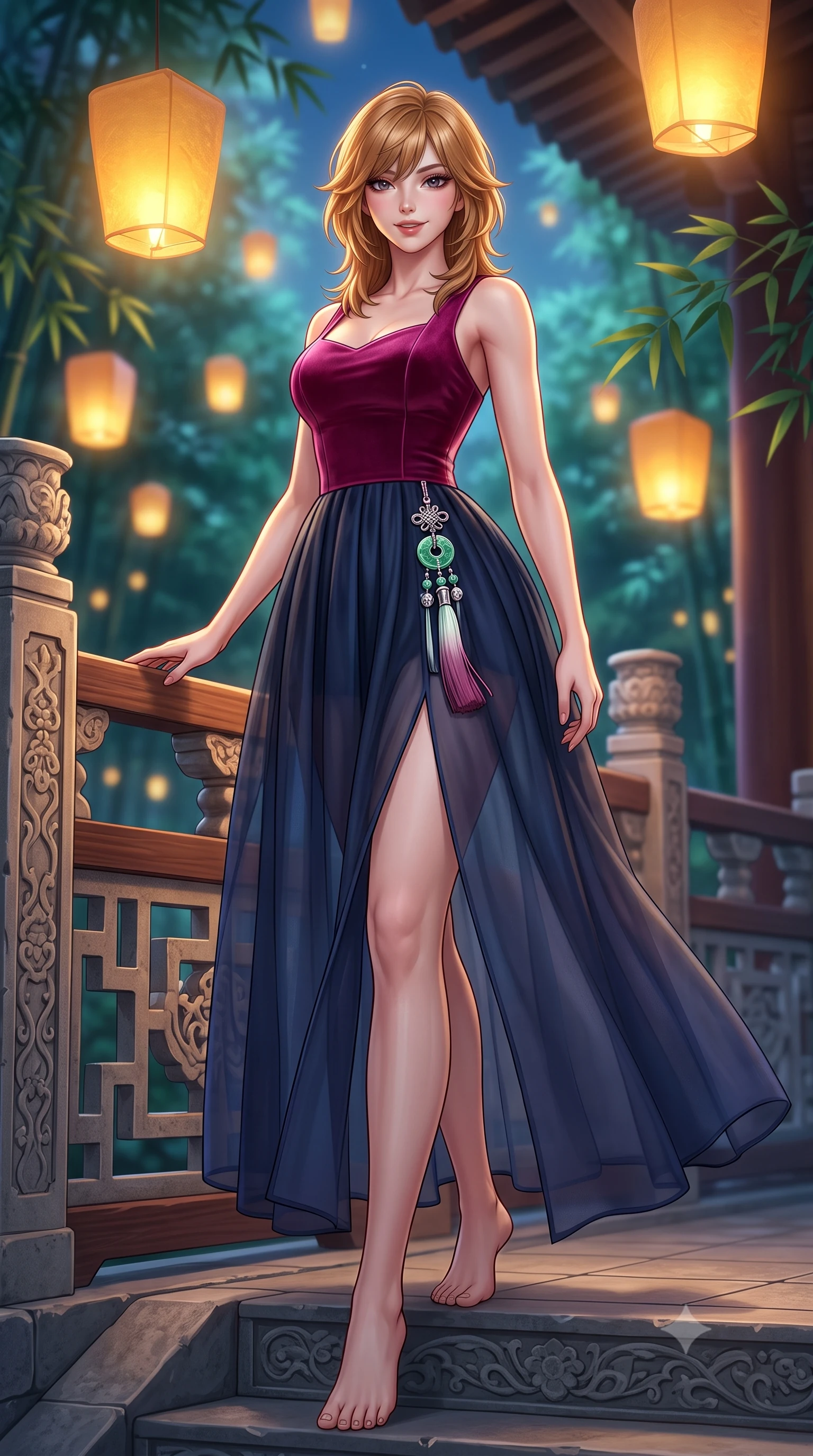 score_9, masterpiece, best quality, ultra-detailed, high-budget anime keyframe, semi-realistic 3D game render, editorial fashion photography, tasteful artistic composition, Korean woman. low angle full-body shot from head to toe showing her feet, filling the entire 9:16 vertical frame with her statuesque presence, stretching her vertical silhouette. standing in a tall, confident posture with one hand on the carved palace railing, stretching her statuesque body as she arches her lower back to emphasize her sculpted feminine hips and slender waist while twisting her slender torso in an alluring S-curve, floating holographic paper lanterns casting warm amber glow across her narrow waist and hips. The background shows a soft-focus floating holographic gold lanterns and gently swaying bamboo leaves softened in serene Kyoto shallow focus. She has an absolutely perfect, statuesque 8.5-heads proportion, an exceptionally tall and slender model-like female figure with impossibly long slender legs, an ultra-slim waist, a flat toned midriff, narrow delicate ribcage, and beautifully sculpted feminine hips creating a graceful, slim hourglass silhouette without any bulky heaviness. sharp v-shaped jawline, high-bridge nose, intricate jewel-like dark sparkling almond eyes with depth, thick lashes, glossy parted lips with a natural rose-plum sheen, bright alluring and coquettish smile with bedroom-eyes, exuding both timeless oriental elegance and sovereign high-fashion allure, flawlessly proportioned anatomical accuracy, strict slender model proportions, natural body alignment, perfectly sculpted long slender limbs, ultra-slim waistline, clean dynamic posture without body distortion. wearing a modern fusion hanbok dress with a structured velvet bodice and cascading sheer ombre organza skirt with front slit in deep lotus magenta and matte midnight navy, tailored from fine crisp cotton-linen with clean structural lines, finished with an ornate modern norigae tassel with polished jade and chrome charms resting on her curvy hips, the high-waisted wrap tailoring accentuating her ultra-slim waistline and the enchanting curve of her feminine hips with alluring oriental charm. bathed in soft floating amber lantern light and cool moonlit emerald forest canopy fill. highly saturated vibrant anime colors, detailed shading with soft gradients, rich glossy textures, high-contrast stereoscopic depth, volumetric dynamic lighting, master piece, 9:16 ratio