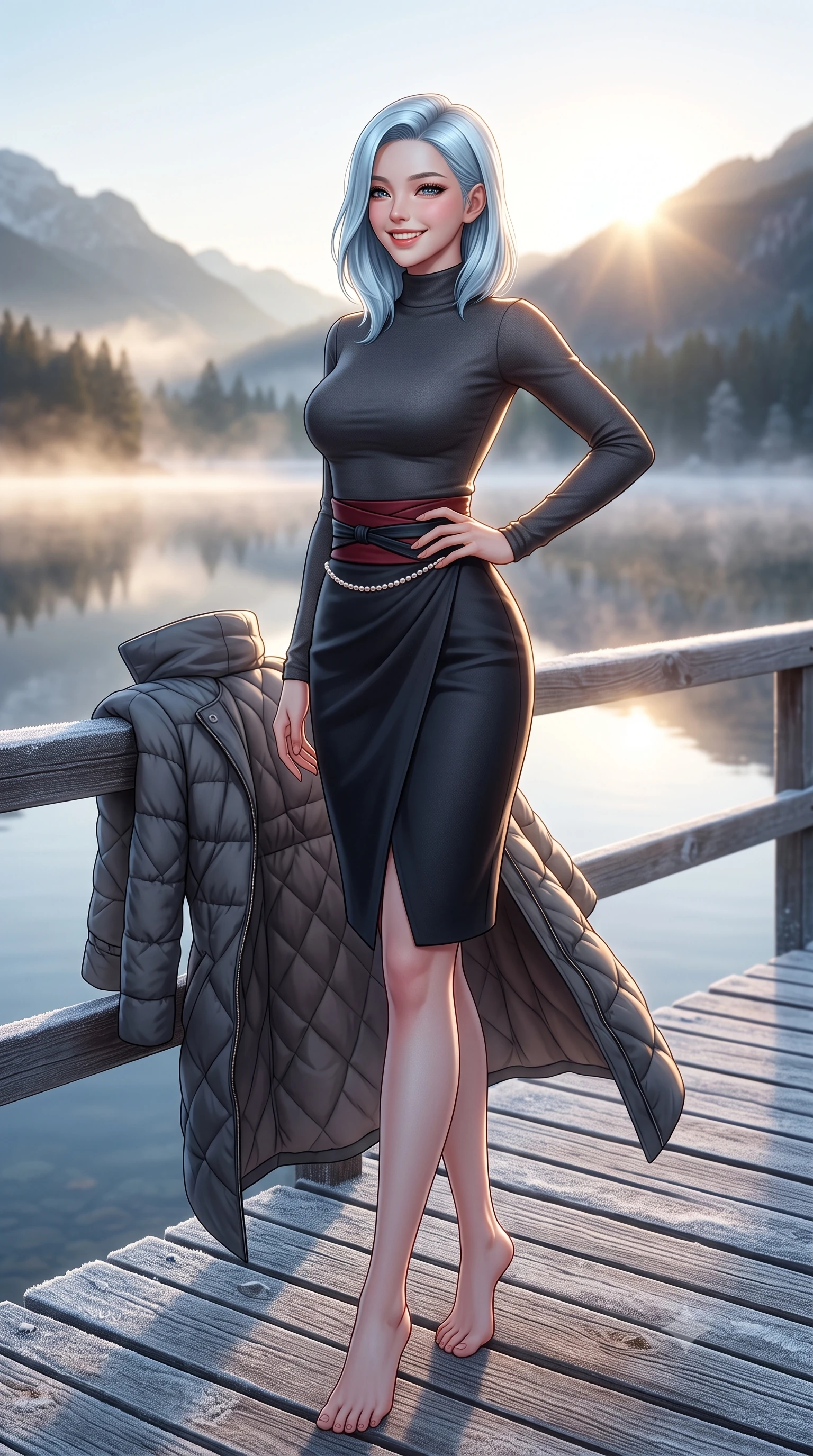 score_9, masterpiece, best quality, ultra-detailed, high-budget anime keyframe, semi-realistic 3D game render, editorial fashion photography, tasteful artistic composition, Korean woman. low angle full-body shot from head to toe showing her feet, filling the entire 9:16 vertical frame with her statuesque presence, stretching her vertical silhouette. standing tall and centered in the frame with one hand on her hip, radiating statuesque poise, an ultra-slim waist, and captivating allure while walking along the frosted wooden boardwalk beside the mirror-still alpine lake, glancing back over her shoulder with an infectious joyful smile. The surrounding environment is rendered in vivid detail and crisp panoramic clarity: detailed quilted down-tailored coat quilting, high funnel neck collar, and alpine lakeside topography in high resolution. She has an exceptionally tall and slender model-like 8.5-heads proportion, an ultra-slim waist, a flat toned midriff, narrow delicate ribcage, and beautifully sculpted feminine hips creating a graceful, slim hourglass silhouette without any bulky heaviness, with impossibly long slender legs. sharp v-shaped jawline, high-bridge nose, intricate jewel-like sparkling eyes with depth, thick eyelashes, glossy parted lips with a natural peach sheen, bright cheerful beaming smile with an enchanting and coquettish sensual glint, exuding both youthful cute charm and seductive allure, flawlessly proportioned anatomical accuracy, strict slender model proportions, natural body alignment, perfectly sculpted long slender limbs, ultra-slim waistline, clean dynamic posture without body distortion. wearing a tight-fitting mock-neck silk jersey top paired with a high-waisted wrap pencil skirt cinched with an obi-inspired leather belt in Kyoto autumn maple crimson and deep ink black, made of high-gauge compact silk knit that hugs her curves with seamless sculpted precision, accented with a dainty pearl waist chain catching the ambient sunlight across her sculpted waistline, the body-conscious tailored knit hugging her sculpted torso and curvaceous hips in a seamless, fluid line that highlights her statuesque model proportions. bathed in crisp, sparkling morning sun breaking over mountain crests, illuminating lake mist with ethereal golden backlighting. highly saturated vibrant anime colors, detailed shading with soft gradients, rich glossy textures, high-contrast stereoscopic depth, volumetric dynamic lighting, master piece, 9:16 ratio
