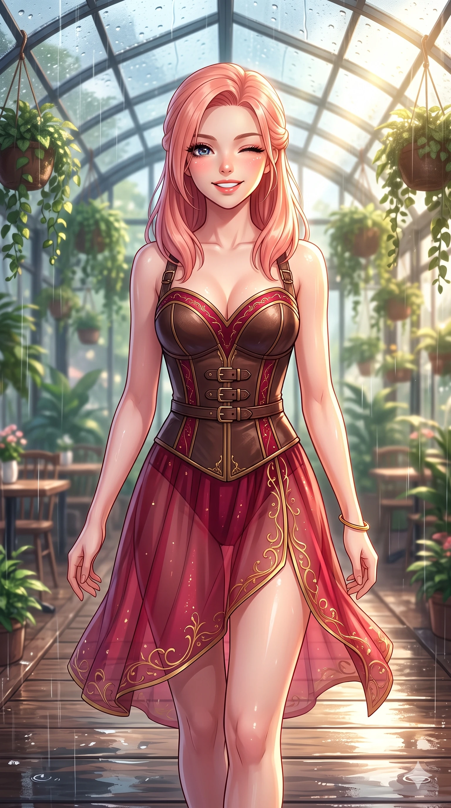 score_9, masterpiece, best quality, ultra-detailed, high-budget anime keyframe, vibrant anime aesthetic, Japanese woman. close-up cowboy shot from the waist and thighs up, the character dominates the composition, filling the frame with her large presence, background elements kept in soft focus. She is walking down a rain-slicked path, winking and smiling cheerfully, gazing at the camera with sparkling eyes with a relaxed and elegant posture. the background shows a soft-focus spacious greenhouse cafe filled with hanging plants, where rain drums softly on the glass roof panels (Code-P22-136). She has an absolutely perfect proportion, an exceptionally elegant and slender female figure with an ultra-slim waist. V-shaped jawline, high-bridge nose, intricate jewel-like eyes with depth, thick eyelashes, glossy lips with a natural sheen. wearing a structured leather bodice featuring a sweetheart neckline and a translucent skirt in ruby red and gold accents. She is drenched in brilliant morning sunshine reflecting off wet glass domes, highlighting her winking face and glossy lips on the outdoor wooden terrace. 2k, ultra detail, master piece, 9:16 ratio
