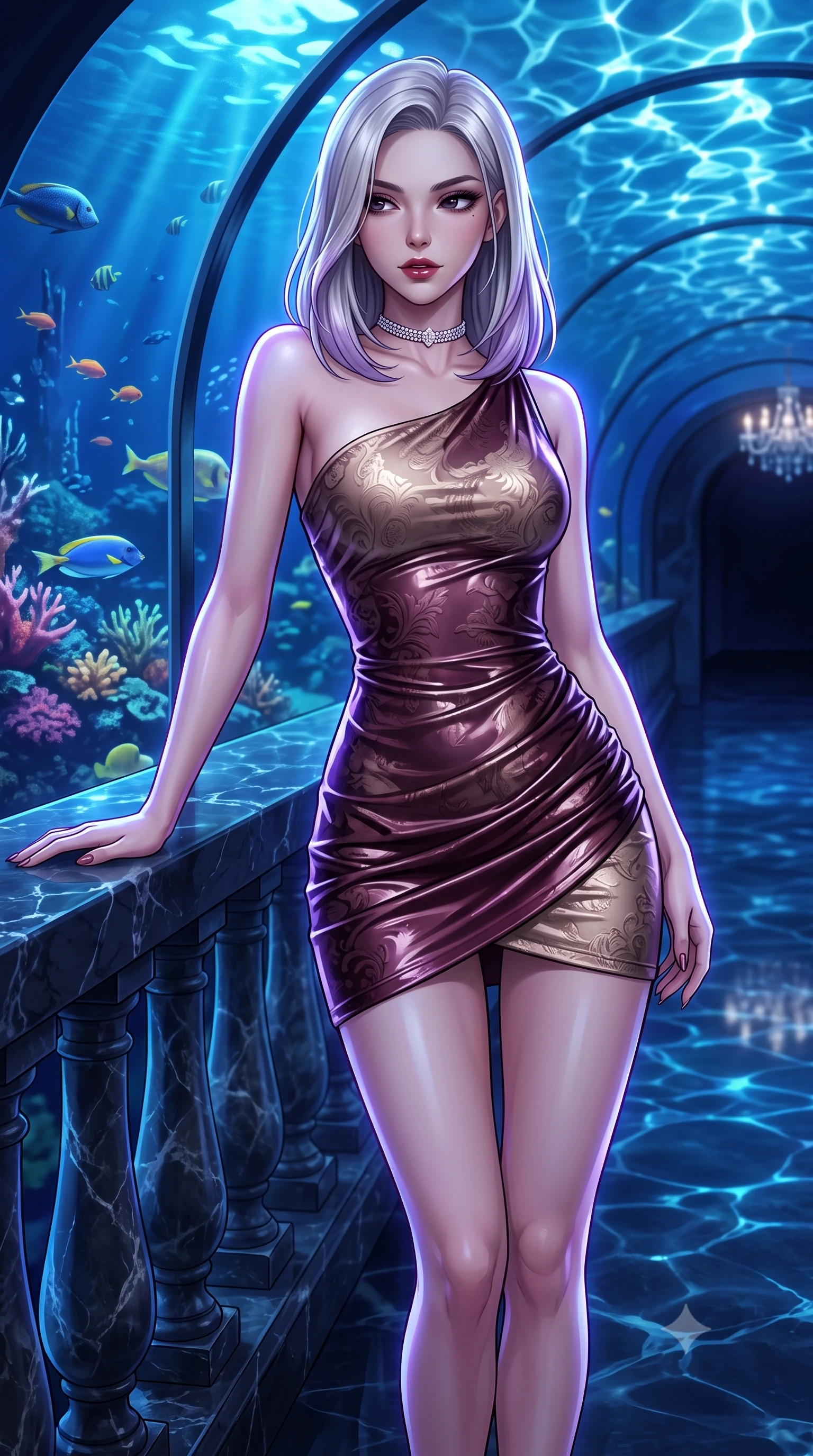 score_9, masterpiece, best quality, ultra-detailed, high-budget anime keyframe, semi-realistic 3D game render, editorial fashion photography, tasteful artistic composition, Caucasian woman. close-up cowboy shot from the waist and thighs up, the character dominates the composition, filling the frame with her large presence. resting one elbow on the marble balustrade while arching her spine with dancer poise, her dark bedroom-eyes casting a magnetic sidelong glance while walking slowly down the darkened blue-lit corridor with sovereign grace, her long slender legs and hourglass curves silhouetted against pulsating sea glow. The surrounding environment is rendered in vivid detail and crisp panoramic clarity. detailed glossy outfit reflections, delicate skin highlights, and aquarium tunnel architecture in high clarity. She has an exceptionally elegant, slender, and willowy female figure with an ultra-slim waist, flat toned midriff, narrow ribcage, and sculpted feminine hips creating an alluring, slim hourglass silhouette without bulk. sharp v-shaped jawline, high-bridge nose, intricate jewel-like dark sparkling eyes with dangerous depth, thick curled eyelashes, glossy parted lips with a rich wine sheen, smoldering seductive half-smile with bedroom-eyes, exuding effortless superiority and intoxicating dark allure, flawlessly proportioned anatomical accuracy, strict slender model proportions, natural body alignment, perfectly sculpted long slender limbs, ultra-slim waistline, clean dynamic posture without body distortion. wearing a liquid-look vinyl mini dress with an asymmetric neckline and hip-defining side ruching in dark mulberry wine and antique champagne, tailored from rich silk jacquard with subtle embossed baroque patterns, finished with a delicate diamond choker catching the chandelier light, the form-fitting cut adhering flawlessly to her sculpted flat midriff and slender torso, emphasizing her long leg lines and perfectly proportioned willowy build. illuminated by pulsating ultraviolet rim lights and caustic water reflections sharply carving her razor-sharp jawline, narrow waist, and curvy hips. highly saturated vibrant anime colors, detailed shading with soft gradients, rich glossy textures, high-contrast stereoscopic depth, volumetric dynamic lighting, master piece, 9:16 ratio