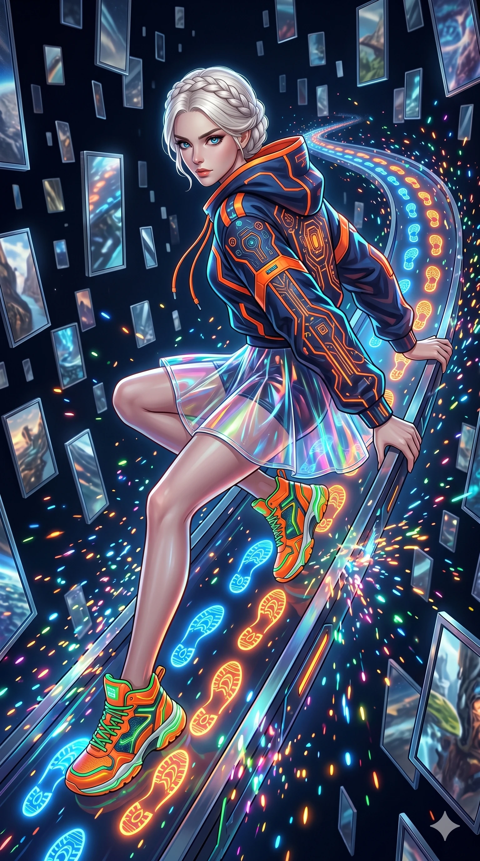 score_9, masterpiece, best quality, ultra-detailed, Set A: High-budget Anime Keyframe, Caucasian (strictly human ears) woman. Upper body close-up from the thighs up, character filling the screen for maximum presence. Sliding through a dimension of floating mirrors, as she leaves a trail of 288 glowing footprints and surrounded by glowing energy sparks. She has an absolutely perfect 8-heads proportion, an exceptionally tall and slender female figure with impossibly long slender legs and an ultra-slim waist. Sharp v-shaped jawline, high-bridge nose, intricate jewel-like eyes with depth, thick eyelashes, glossy lips with a natural sheen. Wearing Streetwear tech-hoodie with a transparent PVC skirt and neon sneakers. Cinematic lighting, vibrant colors, dramatic shadows, 2k, ultra detail, master piece, 9:16 ratio