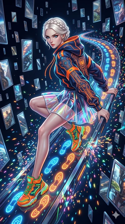 score_9, masterpiece, best quality, ultra-detailed, Set A: High-budget Anime Keyframe, Caucasian (strictly human ears) woman. Upper body close-up from the thighs up, character filling the screen for maximum presence. Sliding through a dimension of fl