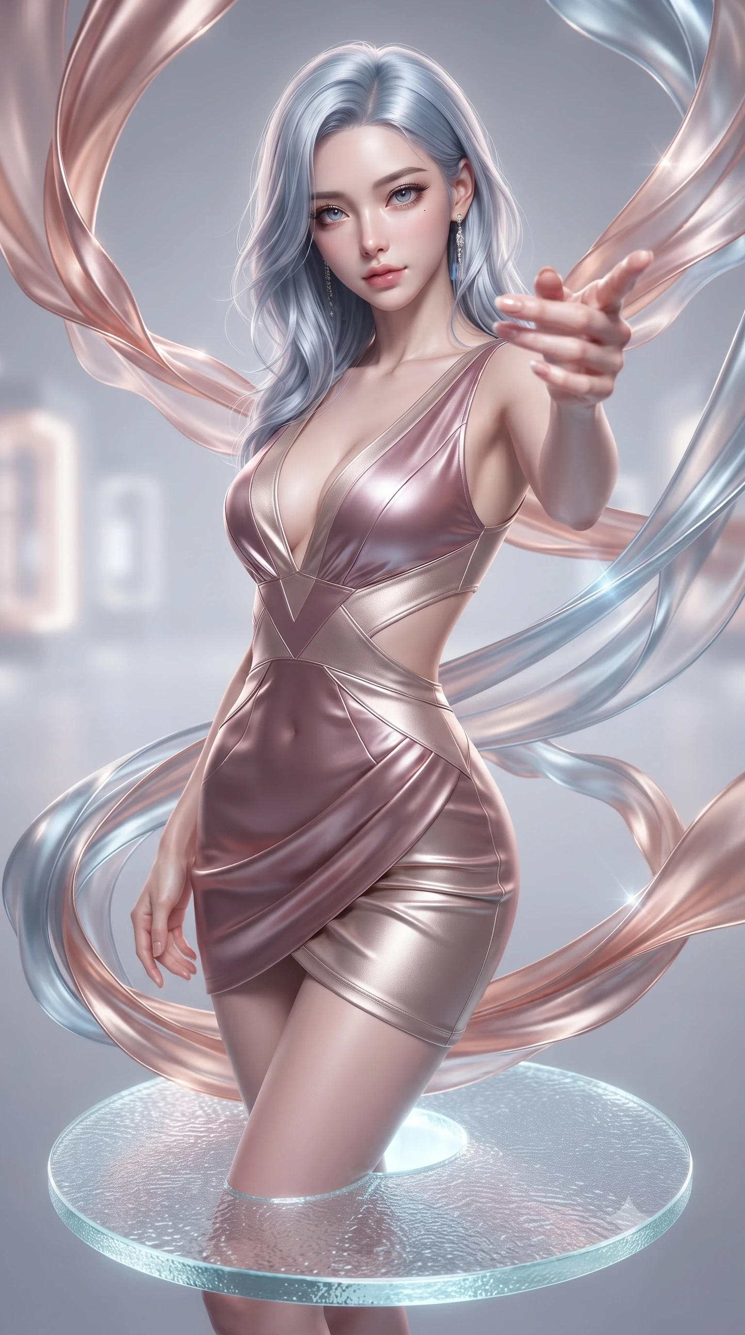 score_9, masterpiece, best quality, ultra-detailed, high-budget anime keyframe, editorial fashion photography, tasteful artistic composition, Korean woman. close-up cowboy shot from the waist and thighs up, the character dominates the composition, filling the frame with her large presence, background elements kept in soft focus. Reaching her hand gracefully toward the camera with magnetic allure, her torso turning in a dynamic S-curve alignment while balancing on a glowing glass disk while luminescent ribbons swirl in zero-gravity, translucent silk-like plasma streams swirling around her silhouette. She has an exceptionally elegant, slender, and willowy female figure with an ultra-slim waist, a gracefully sculpted slender torso, and a refined silhouette. sharp v-shaped jawline, high-bridge nose, intricate jewel-like eyes with depth, thick eyelashes, glossy lips with a natural sheen, flawlessly proportioned anatomical accuracy, natural body alignment, perfectly sculpted elegant limbs, clean dynamic posture without body distortion. wearing a liquid mercury gloss mini dress with ultra-deep V-neck and waist cutouts in dusty rose and champagne gold, crafted from lustrous satin jersey with fluid draping, featuring subtle geometric cutouts that highlight her ultra-slim midriff, the sleek second-skin texture accentuating her magnetic presence. bathed in sharp geometric laser grid highlights and soft ambient fill. ultra-reflective glossy finish, specular highlights, metallic sheen, high-contrast stereoscopic depth, volumetric dynamic lighting, 2k, ultra detail, master piece, 9:16 ratio