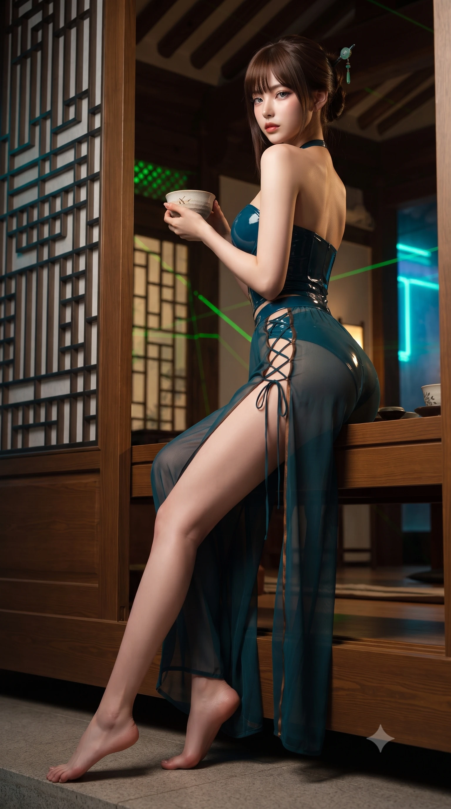 score_9, masterpiece, best quality, ultra-detailed, high-budget anime keyframe, editorial fashion photography, tasteful artistic composition, Korean woman. low angle full-body shot from head to toe showing her feet, filling the entire 9:16 vertical frame with her statuesque presence, stretching her vertical silhouette. walking along the terrace with poise, looking back over her bare shoulder with an irresistible smoldering bedroom-gaze while perched sideways on the lacquered pavilion threshold with legs extended, holding a modern ceramic tea bowl with dangerous coquettish cool. The surrounding environment is rendered in vivid detail and crisp panoramic clarity: detailed modern cheongsam-inspired sheer mesh dress tailoring, jade hairpin gleam, and precision interior craft in razor-sharp precision. She has an absolutely perfect, statuesque 8.5-heads proportion, an exceptionally tall and slender model-like female figure with impossibly long slender legs, an ultra-slim waist, a flat toned midriff, narrow delicate ribcage, and beautifully sculpted feminine hips creating a graceful, slim hourglass silhouette without any bulky heaviness. sharp v-shaped jawline, high-bridge nose, sparkling eyes with hypnotic seductive depth, thick curled eyelashes, glossy parted lips with a natural dewy peach sheen, alluring bedroom-eyes with an enchanting coquettish smile, exuding magnetic siren charisma and sophisticated glamour, flawlessly proportioned anatomical accuracy, strict slender model proportions, natural body alignment, perfectly sculpted long slender limbs, ultra-slim waistline, clean dynamic posture without body distortion. wearing a wet-look form-fitting vinyl bustier paired with sheer chiffon high-slit wide-leg trousers in deep peacock teal and burnished antique brass, made of sheer gossamer chiffon that drapes softly against skin with airy translucence, featuring fine criss-cross lace-up side ties revealing tantalizing glimpses of her hip curve, the high-slit wrap tailoring accentuating her ultra-slim waistline and the enchanting curve of her feminine hips with alluring seductive charm. bathed in warm 2800K tea table downlighting mixed with vibrant green laser lattice accents and exterior neon fill. ultra-reflective glossy finish, specular highlights, rich textural contrasts, high-contrast stereoscopic depth, volumetric dynamic lighting, 2k, ultra detail, master piece, 9:16 ratio