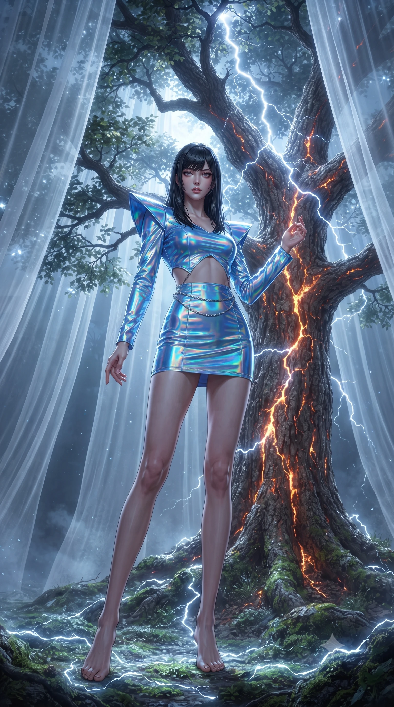 score_9, masterpiece, best quality, ultra-detailed, high-budget anime keyframe, editorial fashion photography, tasteful artistic composition, Caucasian woman, strictly human ears. low angle full-body shot from head to toe showing her feet, filling the entire 9:16 vertical frame with her statuesque presence, stretching her vertical silhouette. striking a commanding pose within beside a massive ancient oak tree at the exact moment of lightning strike the wood glowing from within like veins of fire every leaf edge electrified with corona discharge and the air itself crackling with ozone. She has a statuesque 8.5-heads proportion, an exceptionally tall, slender and willowy model-like build with impossibly long legs and a highly sculpted ultra-slim waist. sharp v-shaped jawline, high-bridge nose, intricate jewel-like eyes with depth, thick eyelashes, glossy lips with a natural sheen. wearing a holographic mini dress in electric blue, featuring structured shoulder pads, an exposed midriff, and a silver waist chain. cold silver moonlight filtered through translucent gossamer curtains casting delicate shadows. 2k, ultra detail, master piece, 9:16 ratio