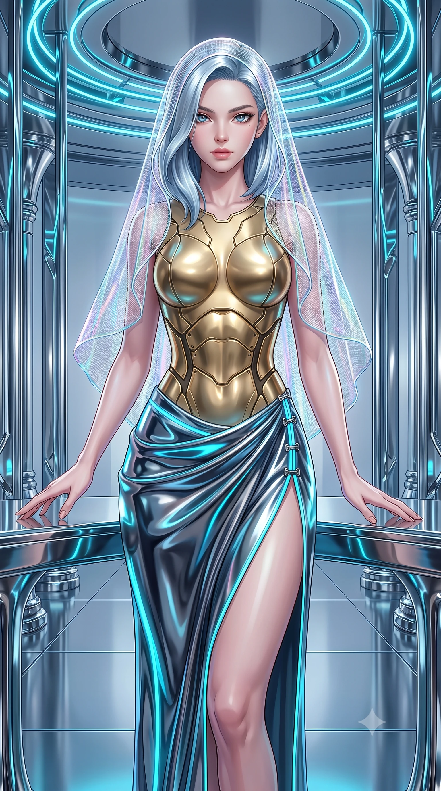 score_9, masterpiece, best quality, ultra-detailed, high-budget anime keyframe, semi-realistic 3D game render, editorial fashion photography, tasteful artistic composition, Korean woman. close-up cowboy shot from the waist and thighs up, the character dominates the composition, filling the frame with her large presence. gazing forward with divine sovereign poise, captivating jewel-like eyes shining with transcendent luminescence and alluring grace while resting one hand along a mirror-finished chrome altar with a serene, sovereign gaze looking directly into the lens. The surrounding environment is rendered in vivid detail and crisp panoramic clarity. intricate chrome pillar reflections, razor-sharp neon halo filaments, and polished mirror floor in deep focus. She has an exceptionally elegant, slender, and willowy female figure with an ultra-slim waist, a gracefully sculpted slender torso, toned flat midriff, and a refined slim silhouette. sharp v-shaped jawline, high-bridge nose, intricate jewel-like eyes with depth, thick eyelashes, glossy lips with a natural sheen, flawlessly proportioned anatomical accuracy, strict slender model proportions, natural body alignment, perfectly sculpted long slender limbs, ultra-slim waistline, clean dynamic posture without body distortion. wearing an ethereal translucent cyber-veil paired with a sculpted golden mechanical cuirass and high-fashion draped silk skirt in polished mirror chrome and glowing electric cyan neon, made of liquid jersey fabric that clings flawlessly to every contour of her build, finished with an ultra-high side slit secured by miniature magnetic clasps, the form-contouring material adhering flawlessly to her sculpted flat midriff and slender torso, emphasizing her long leg lines and perfectly proportioned willowy build. illuminated by crisp white key light and sharp specular rim highlights tracing her slender curves. rich saturated anime colors with glowing neon highlights, detailed shading with soft gradients, rich glossy textures, high-contrast stereoscopic depth, volumetric dynamic lighting, master piece, 9:16 ratio