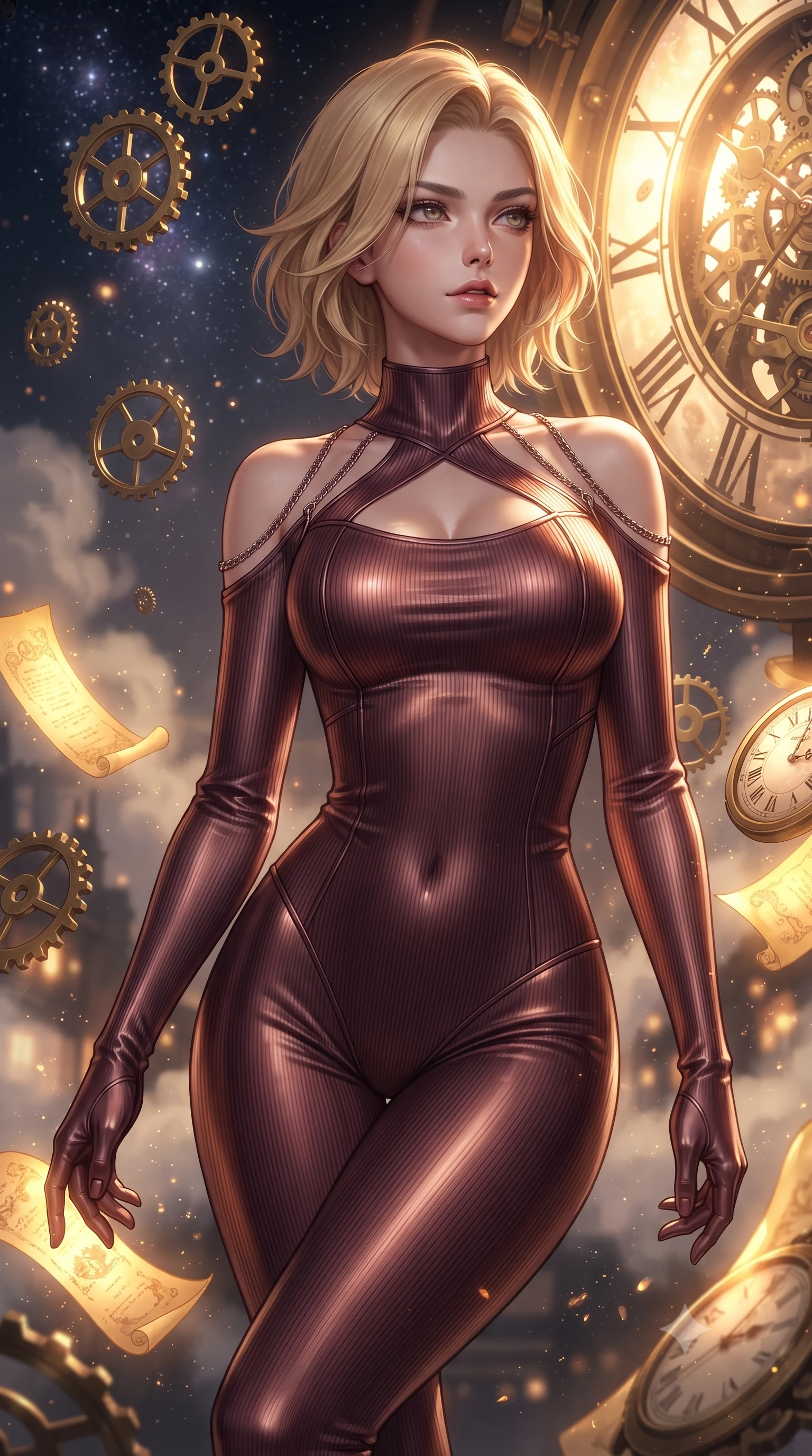 score_9, masterpiece, best quality, ultra-detailed, high-budget anime keyframe, editorial fashion photography, tasteful artistic composition, Caucasian woman. close-up cowboy shot from the waist and thighs up, the character dominates the composition, filling the frame with her large presence, background elements kept in soft focus. Gazing past the camera with an air of effortless elegance and mysterious confidence surrounded by floating antique brass gears and glowing golden parchment scrolls, distant starlight and city lights twinkling through steam clouds. She has an exceptionally elegant, slender, and willowy female figure with an ultra-slim waist, a gracefully sculpted slender torso, and a refined silhouette. sharp v-shaped jawline, high-bridge nose, intricate jewel-like eyes with depth, thick eyelashes, glossy lips with a natural sheen. wearing a form-fitting ribbed activewear set with collar cutouts in deep burgundy and bronze, crafted from smooth liquid silk, adorned with delicate metallic chain straps along the neckline, the glove-like fit emphasizing her statuesque silhouette. illuminated by a brilliant golden hour glow filtering through clockwork dials. ultra-reflective glossy finish, specular highlights, metallic sheen, high-contrast stereoscopic depth, volumetric dynamic lighting, 2k, ultra detail, master piece, 9:16 ratio