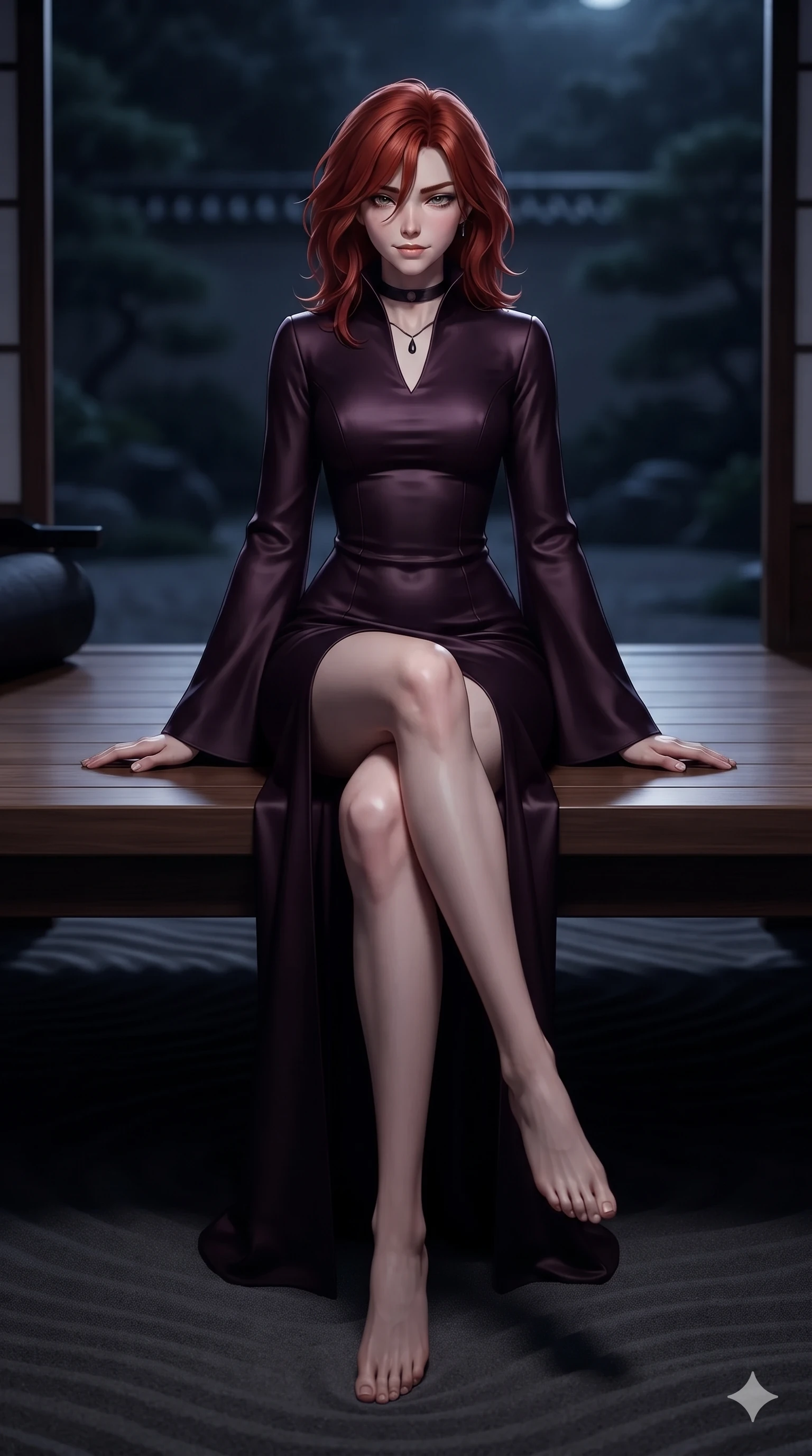 score_9, masterpiece, best quality, ultra-detailed, high-budget anime keyframe, editorial fashion photography, tasteful artistic composition, Korean woman. low angle full-body shot from head to toe showing her feet, filling the entire 9:16 vertical frame with her statuesque presence, stretching her vertical silhouette. lounging on the lavish obsidian daybed with legs crossed, displaying her toned midriff and long slender limbs with effortless siren poise while sitting poised on the polished wooden veranda edge with legs dangling over the dark sand ripples, casting an intoxicating, heavy-lidded gaze. The background shows a soft-focus monastic zen dry garden at midnight softened in contemplative shallow focus. She has an absolutely perfect, statuesque 8.5-heads proportion, an exceptionally tall and slender model-like female figure with impossibly long slender legs, an ultra-slim waist, a flat toned midriff, narrow delicate ribcage, and beautifully sculpted feminine hips creating a graceful, slim hourglass silhouette without any bulky heaviness. sharp v-shaped jawline, high-bridge nose, intricate jewel-like dark sparkling eyes with hypnotic seductive depth, thick curled eyelashes, glossy parted lips with a natural wine sheen, alluring bedroom-eyes with an enigmatic smoldering smile, exuding magnetic sovereign charisma and dark avant-garde glamour, flawlessly proportioned anatomical accuracy, strict slender model proportions, natural body alignment, perfectly sculpted long slender limbs, ultra-slim waistline, clean dynamic posture without body distortion. wearing a gothic high-collar dark plum silk evening gown with long bell sleeves in pure obsidian monochrome with subtle metallic sheen, woven from bespoke high-density barathea wool with refined ceremonial hold, finished with a minimalist dark choker and a single teardrop pendant, the bespoke structured tailoring following the natural line of her 8.5-heads silhouette with refined elegance. illuminated by moonlit sand ripple bounce and sharp silver-topaz rim lights defining her razor-sharp jawline, narrow waist, and curvy hips. ultra-reflective glossy finish, specular highlights, metallic sheen, high-contrast stereoscopic depth, volumetric dynamic lighting, 2k, ultra detail, master piece, 9:16 ratio