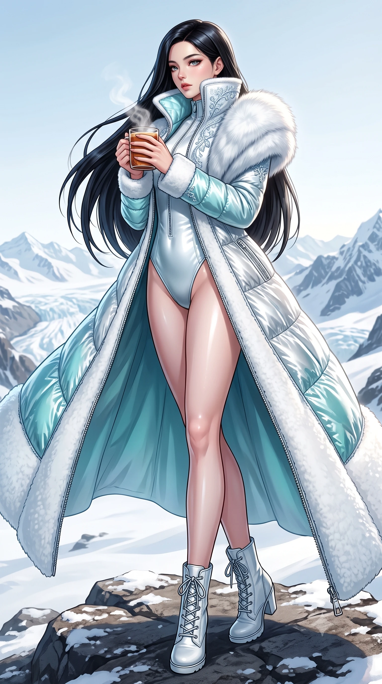 score_9, masterpiece, best quality, ultra-detailed, high-budget anime keyframe, semi-realistic 3D game render, editorial fashion photography, tasteful artistic composition, Korean woman. low angle full-body shot from head to toe showing her feet, filling the entire 9:16 vertical frame with her statuesque presence, stretching her vertical silhouette. pivoting dynamically with supreme athletic balance, her impossibly long slender legs and ultra-slim waist creating a mesmerizing vertical line while holding a steaming mug of spiced cider with both hands, looking over the steaming rim with sparkling, romantic eyes. The surrounding environment is rendered in vivid detail and crisp panoramic clarity. detailed fur stole fibers, metallic zipper reflections, and distant alpine glacier ridges in high clarity. She has an absolutely perfect, statuesque 8.5-heads proportion, an exceptionally tall and slender model-like female figure with impossibly long slender legs, a toned flat midriff, and an ultra-slim waist. sharp v-shaped jawline, high-bridge nose, intricate jewel-like eyes with depth, thick eyelashes, glossy parted lips with a natural sheen, intensely captivating and seductive expression, flawlessly proportioned anatomical accuracy, strict slender model proportions, natural body alignment, perfectly sculpted long slender limbs, ultra-slim waistline, clean dynamic posture without body distortion. wearing a luxurious satin thermal leotard layered under a sweeping floor-length white shearling coat in icy aqua turquoise and snowy white, crafted from metallic silver ripstop nylon with plush goose-down quilting, finished with delicate crystal frost embroidery tracing the collarbones, the sweeping couture drape swaying majestically with her steps, accentuating her tall statuesque limbs and slender waistline. illuminated by bright specular snow reflections tracing her sculpted collarbones, waist, and long limbs. highly saturated vibrant anime colors, detailed shading with soft gradients, rich glossy textures, high-contrast stereoscopic depth, volumetric dynamic lighting, master piece, 9:16 ratio