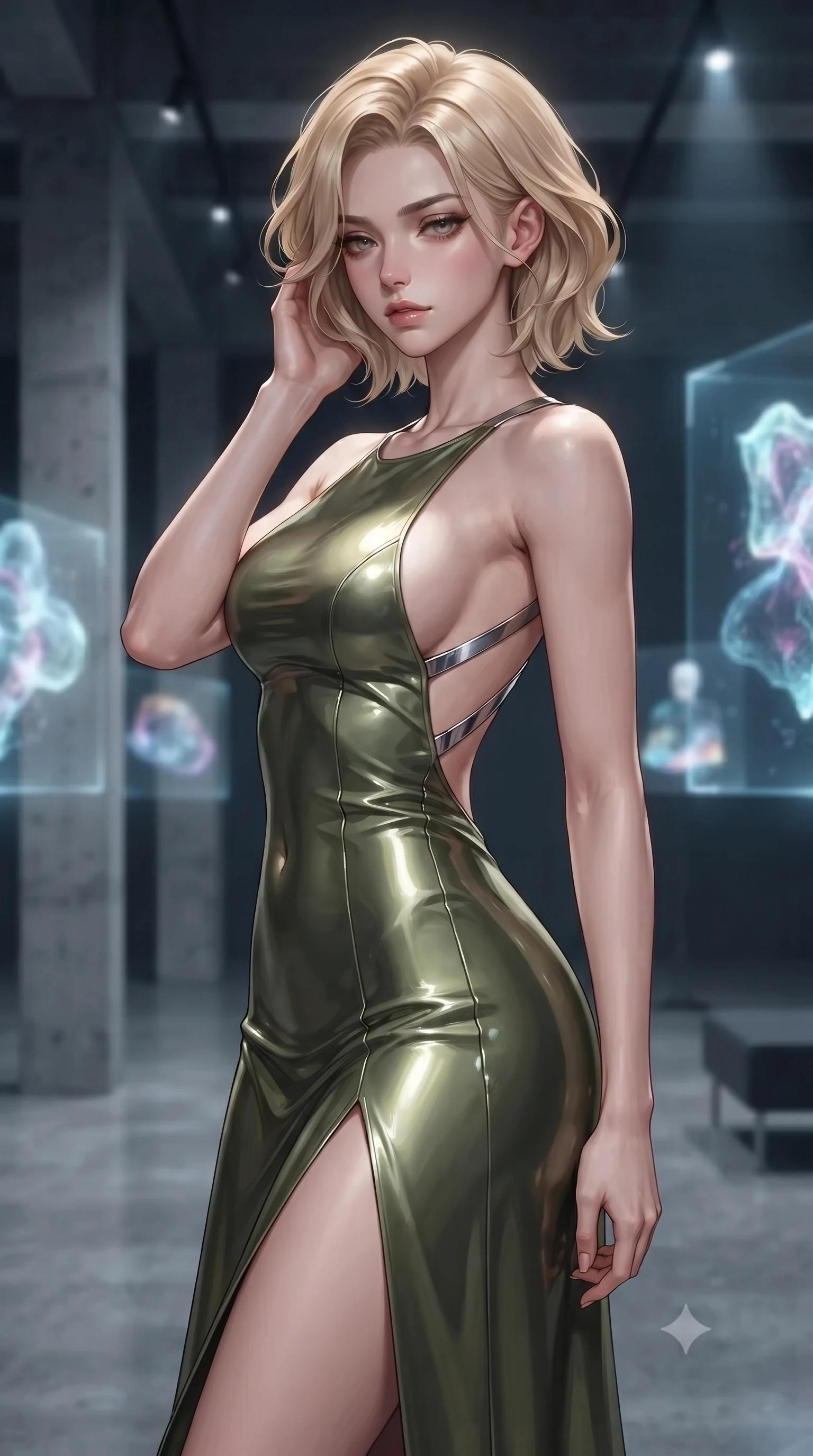 score_9, masterpiece, best quality, ultra-detailed, high-budget anime keyframe, editorial fashion photography, tasteful artistic composition, Caucasian woman. close-up cowboy shot from the waist and thighs up, the character dominates the composition, filling the frame with her large presence, background elements kept in soft focus. gently touching the side of her temple, casting a heavy-lidded, sultry look past the camera, the background shows a soft-focus an art gallery lounge with concrete pillars and floating holographic art. She has an exceptionally elegant, slender, and willowy female figure with an ultra-slim waist, a gracefully sculpted slender torso, and a refined silhouette. sharp v-shaped jawline, high-bridge nose, intricate jewel-like eyes with depth, thick eyelashes, glossy lips with a natural sheen. wearing a form-contouring dramatic open-back maxi combat dress in olive green, featuring a high thigh slit and chrome straps. focused spotlights casting sharp, detailed highlights on her clothing. ultra-reflective glossy finish, specular highlights, metallic sheen, high-contrast stereoscopic depth, volumetric dynamic lighting, 2k, ultra detail, master piece, 9:16 ratio