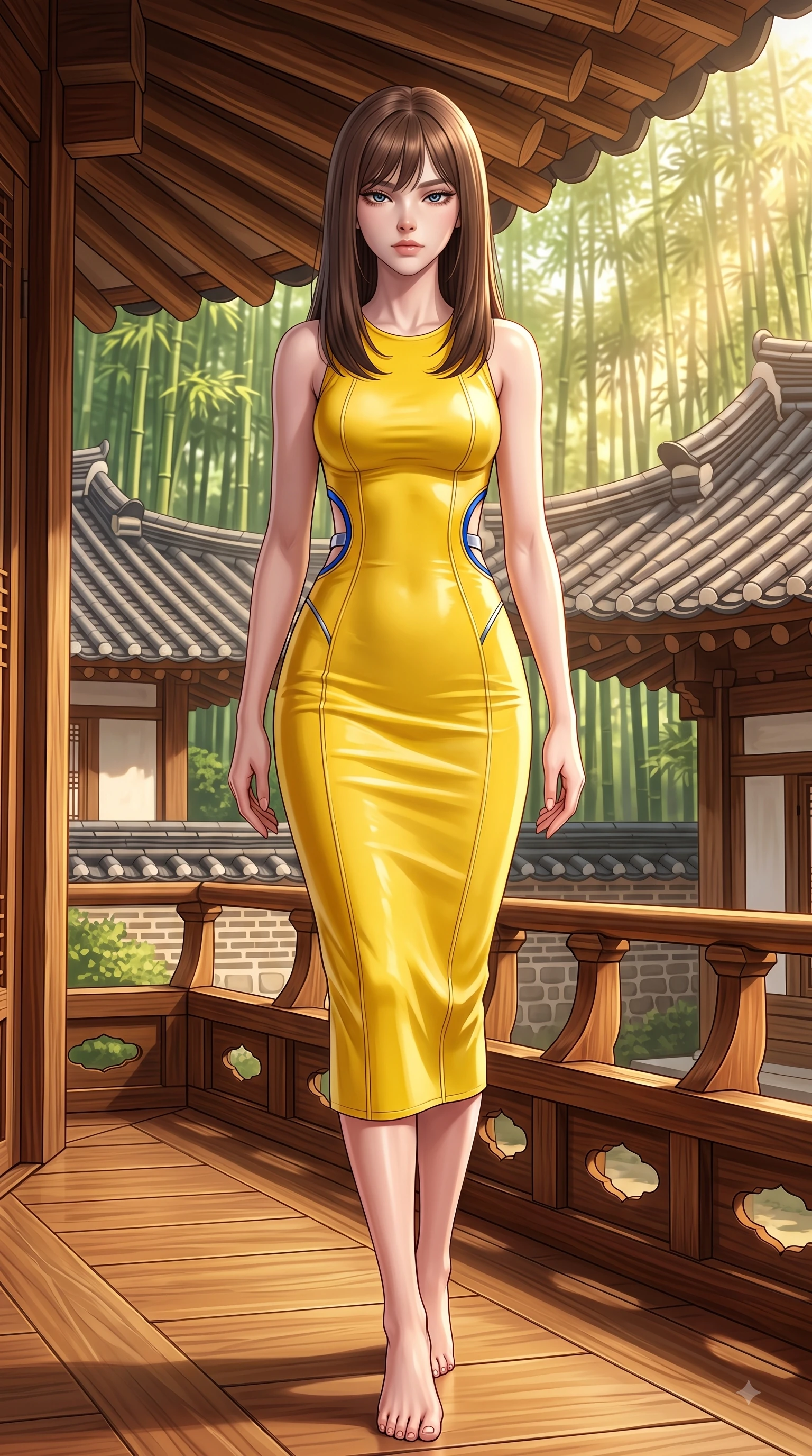 score_9, masterpiece, best quality, ultra-detailed, high-budget anime keyframe, editorial fashion photography, tasteful artistic composition, Korean woman. low angle full-body shot from head to toe showing her feet, filling the entire 9:16 vertical frame with her statuesque presence, stretching her vertical silhouette. Indifferent cold glance casting a disdainful side-eye from beneath long dark eyelashes with aloof confidence while pivoting near traditional clay tile roofs as golden sunbeams filter through bamboo leaves. The surrounding environment is rendered in vivid detail and crisp panoramic clarity. rich oriental architectural details and vibrant bamboo green textures in panoramic sharpness. She has an absolutely perfect, statuesque 8.5-heads proportion, an exceptionally tall and slender model-like female figure with impossibly long slender legs and an ultra-slim waist. sharp v-shaped jawline, high-bridge nose, intricate jewel-like eyes with depth, thick eyelashes, glossy lips with a natural sheen, flawlessly proportioned anatomical accuracy, natural body alignment, perfectly sculpted elegant limbs, clean dynamic posture without body distortion. wearing a sleek daffodil yellow sleeveless knit midi dress with subtle side cutouts in electric cobalt blue and polished silver accent, made of premium stretch velvet with a rich glossy sheen, complemented by clean architectural seams and subtle cutouts, the form-contouring material accentuating her ultra-slim waist and long lines. illuminated by warm golden sunlight reflecting off polished wooden verandas. highly saturated vibrant anime colors, detailed shading with soft gradients, rich glossy textures, high-contrast stereoscopic depth, volumetric dynamic lighting, master piece, 9:16 ratio