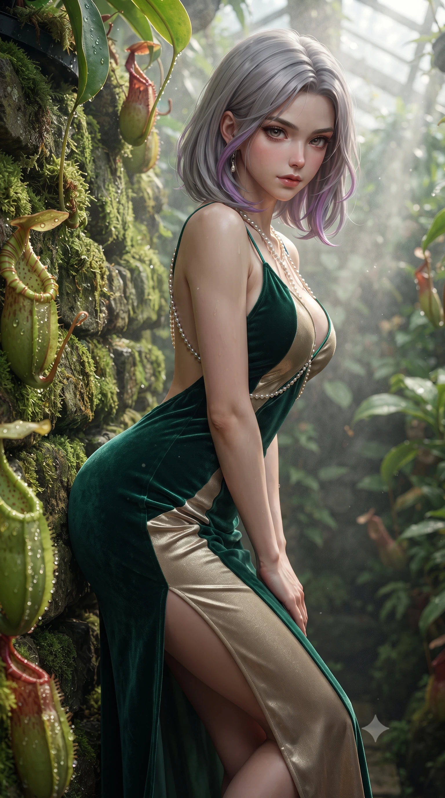 score_9, masterpiece, best quality, ultra-detailed, high-budget anime keyframe, editorial fashion photography, tasteful artistic composition, Caucasian woman. close-up cowboy shot from the waist and thighs up, the character dominates the composition, filling the frame with her large presence. leaning forward while arching her lower back to accentuate her curvy hips, looking into the camera with an intoxicating smoldering gaze and bedroom-eyes while leaning against the moss-covered stone wall with hips cocked back, looking through swirls of mist with an irresistible bedroom-gaze. The surrounding environment is rendered in vivid detail and crisp panoramic clarity: sharp pitcher plant peristome ribbing, glistening nectar droplets, and sphagnum moss texture in deep focus. She has an exceptionally elegant, slender, and willowy female figure with an ultra-slim waist, flat toned midriff, narrow ribcage, and sculpted feminine hips creating an alluring, slim hourglass silhouette without bulk. sharp v-shaped jawline, high-bridge nose, sparkling eyes with hypnotic seductive depth, thick curled eyelashes, glossy parted lips with a natural dewy peach sheen, alluring bedroom-eyes with an enchanting coquettish smile, exuding magnetic siren charisma and sophisticated glamour, flawlessly proportioned anatomical accuracy, strict slender model proportions, natural body alignment, perfectly sculpted long slender limbs, ultra-slim waistline, clean dynamic posture without body distortion. wearing a form-contouring gossamer silk chiffon slip dress with a hip-high slit and open back, clinging smoothly with dewy moisture in casino emerald green and metallic champagne gold with ruby glints, tailored from ultra-plush velvet with rich tactile depth and deep shadow gradients, finished with a pearl-drop body harness subtly framing her dewy collarbones and spine, the precision-cut side openings and low-back scoop framing her graceful spine and the sensual sweep of her slim, toned hips. bathed in diffused humid greenhouse sunlight filtered through dense morning mist clouds. ultra-reflective glossy finish, specular highlights, rich textural contrasts, high-contrast stereoscopic depth, volumetric dynamic lighting, 2k, ultra detail, master piece, 9:16 ratio