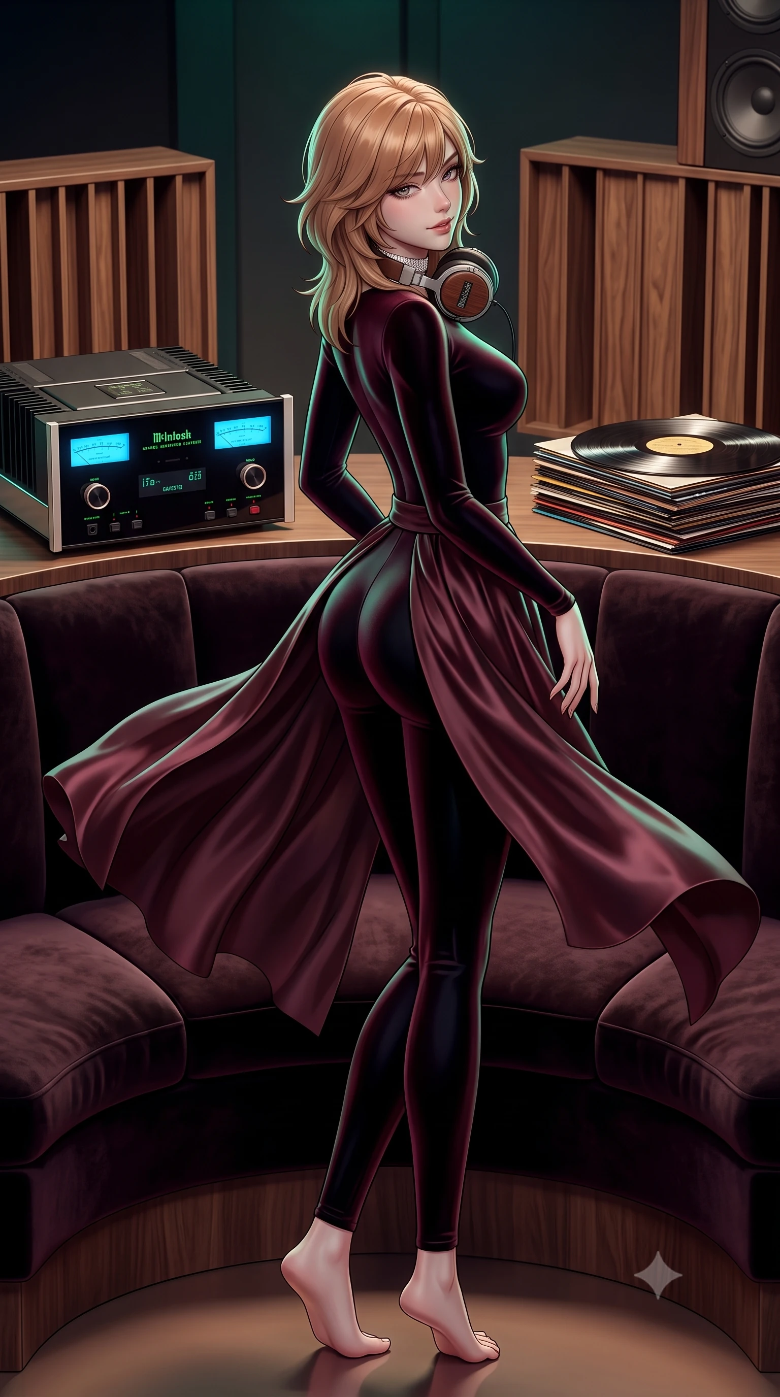 score_9, masterpiece, best quality, ultra-detailed, high-budget anime keyframe, semi-realistic 3D game render, editorial fashion photography, tasteful artistic composition, Korean woman. low angle full-body shot from head to toe showing her feet, filling the entire 9:16 vertical frame with her statuesque presence, stretching her vertical silhouette. executing a slow, elegant turn as her liquid gown flutters around her slender legs, glancing over her shoulder with an intoxicating, seductive bedroom-gaze while sitting nestled in a dark velvet curved booth with vintage oversized headphones resting on her neck, arching her back with a tantalizing smoldering smile. The surrounding environment is rendered in vivid detail and crisp panoramic clarity. sharp McIntosh glass faceplate dials, walnut wood diffuser grain, and vinyl record groove glints in deep focus. She has an exceptionally tall and slender model-like 8.5-heads proportion, an ultra-slim waist, a flat toned midriff, narrow delicate ribcage, and beautifully sculpted feminine hips creating a graceful, slim hourglass silhouette without any bulky heaviness, with impossibly long slender legs. sharp v-shaped jawline, high-bridge nose, intricate jewel-like dark sparkling eyes with dangerous depth, thick curled eyelashes, glossy parted lips with a rich wine sheen, smoldering seductive half-smile with bedroom-eyes, exuding effortless superiority and intoxicating dark allure, flawlessly proportioned anatomical accuracy, strict slender model proportions, natural body alignment, perfectly sculpted long slender limbs, ultra-slim waistline, clean dynamic posture without body distortion. wearing a second-skin dark burgundy stretch-velvet jumpsuit with a plunging neckline and open back in deep wine burgundy and lustrous obsidian, crafted from heavy fluid silk satin with a liquid mirror-like drape, finished with a delicate diamond choker catching the chandelier light, the glove-like silhouette tightly following the natural contour of her hips and long slender legs with youthful 8.5-heads elegance. illuminated by focused spotlight key lights and subtle emerald rim lighting sharply defining her razor-sharp jawline, narrow waist, and curvy hips. highly saturated vibrant anime colors, detailed shading with soft gradients, rich glossy textures, high-contrast stereoscopic depth, volumetric dynamic lighting, master piece, 9:16 ratio