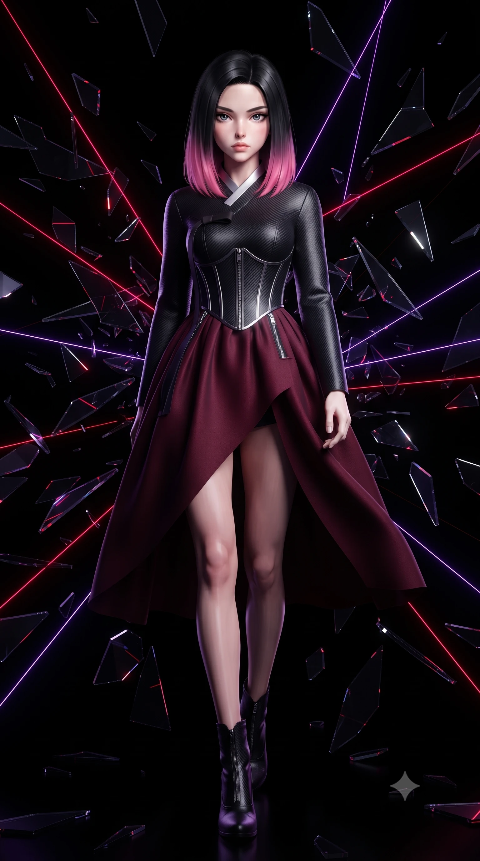 score_9, masterpiece, best quality, ultra-detailed, high-budget anime keyframe, editorial fashion photography, tasteful artistic composition, Korean woman. low angle full-body shot from head to toe showing her feet, filling the entire 9:16 vertical frame with her statuesque presence, stretching her vertical silhouette. forging confidently through the dark atmospheric mist, holding a poised statuesque stance, resting amidst a blizzard of floating dark mirror shards in a pitch-black void, razor-sharp crimson and violet laser lines refracting through glass edges. She has an absolutely perfect, statuesque 8.5-heads proportion, an exceptionally tall and slender model-like female figure with impossibly long slender legs and an ultra-slim waist. sharp v-shaped jawline, high-bridge nose, intricate jewel-like eyes with depth, thick eyelashes, glossy lips with a natural sheen. wearing modern fusion dark hanbok dress with structured obsidian bodice in deep crimson burgundy, made of matte carbon-fiber weave, finished with metallic silver boning and sleek zipper points, sculpting her athletic slender build with refined precision. bathed in high-contrast specular reflections against pitch-black shadows. highly saturated vibrant anime colors, detailed shading with soft gradients, rich glossy textures, high-contrast stereoscopic depth, volumetric dynamic lighting, master piece, 9:16 ratio