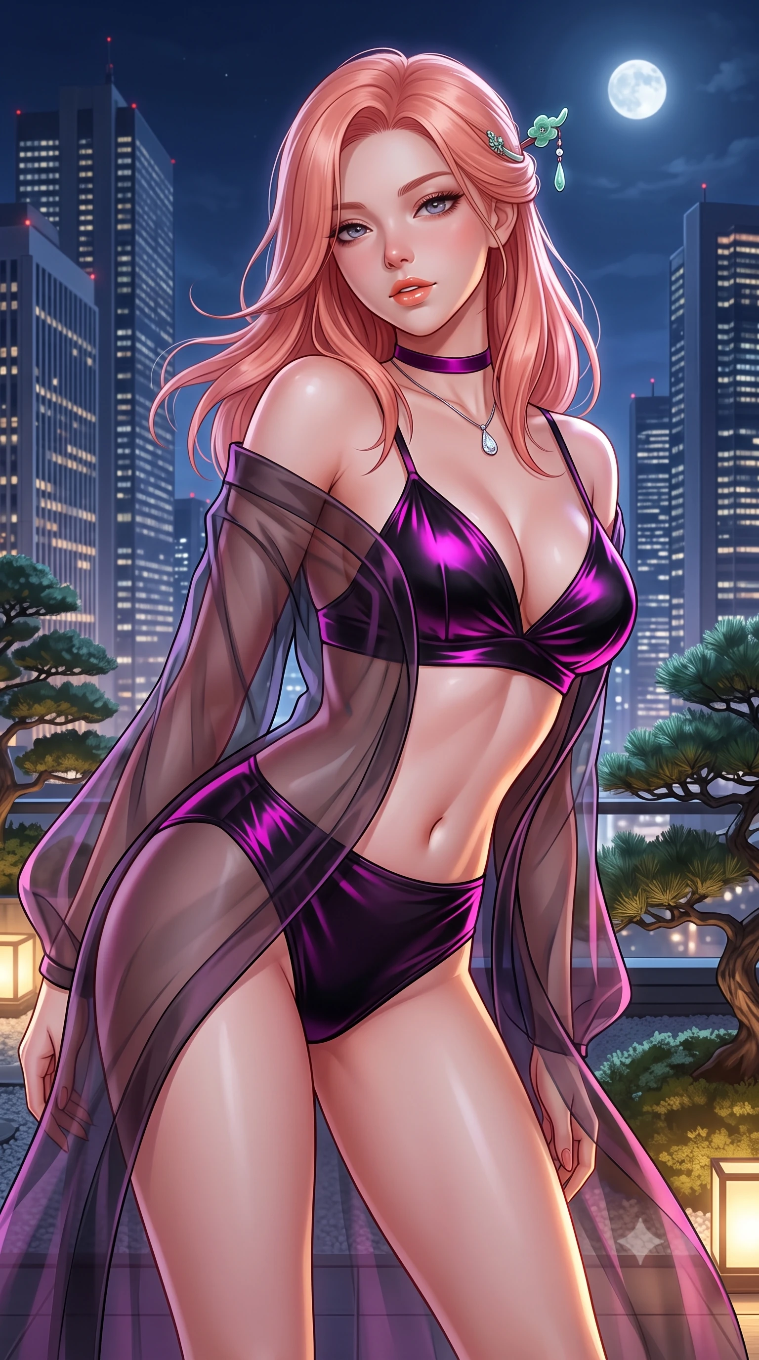 score_9, masterpiece, best quality, ultra-detailed, high-budget anime keyframe, semi-realistic 3D game render, editorial fashion photography, tasteful artistic composition, Japanese woman. close-up cowboy shot from the waist and thighs up, the character dominates the composition, filling the frame with her large presence. leaning forward while arching her lower back to accentuate her curvy hips, looking into the camera with an intoxicating smoldering gaze and bedroom-eyes while twisting her slender torso in an alluring S-curve, gentle night breezes fluttering her silk dress as Shinjuku skyscraper towers loom behind. The surrounding environment is rendered in vivid detail and crisp panoramic clarity: detailed plunging cowl-neck silk satin slip dress drape, delicate jade hairpin gleam, and rooftop landscape craft in high resolution. She has an exceptionally elegant, slender, and willowy female figure with an ultra-slim waist, flat toned midriff, narrow ribcage, and sculpted feminine hips creating an alluring, slim hourglass silhouette without bulk. sharp v-shaped jawline, high-bridge nose, sparkling eyes with hypnotic seductive depth, thick curled eyelashes, glossy parted lips with a natural dewy peach sheen, alluring bedroom-eyes with an enchanting coquettish smile, exuding magnetic siren charisma and sophisticated glamour, flawlessly proportioned anatomical accuracy, strict slender model proportions, natural body alignment, perfectly sculpted long slender limbs, ultra-slim waistline, clean dynamic posture without body distortion. wearing a sheer organza modern kimono robe worn loose and slipping off bare shoulders over a matching satin bralette and high-waisted briefs in wet-look onyx black with electric magenta reflections, made of sheer gossamer chiffon that drapes softly against skin with airy translucence, finished with a thin velvet ribbon choker and a single teardrop diamond pendant, the second-skin tailored fabric adhering flawlessly to her sculpted flat midriff and slender torso, emphasizing her long leg lines and perfectly proportioned willowy build. bathed in soft 2800K low-voltage garden ground spotlights highlighting the bonsai pine mixed with full moon sky glow. highly saturated vibrant anime colors, detailed shading with soft gradients, rich glossy textures, high-contrast stereoscopic depth, volumetric dynamic lighting, master piece, 9:16 ratio