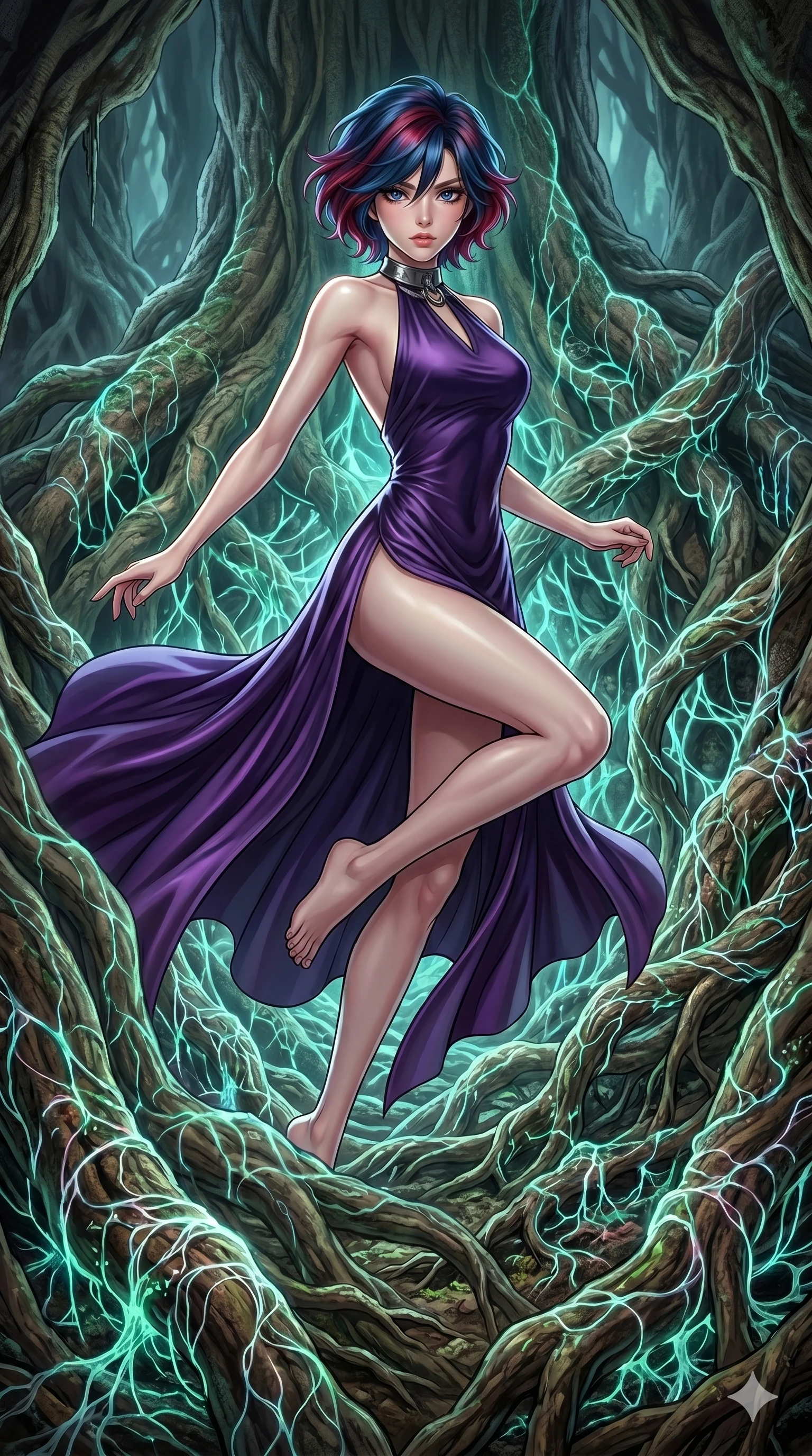 score_9, masterpiece, best quality, ultra-detailed, high-budget anime keyframe, Korean woman. upper body close-up from the thighs up, character filling the screen for maximum presence. jumping amidst giant ancient tree roots wrapped in trillions of glowing mycelium threads pulsing with emerald and opal light. She has an absolutely perfect 8-heads proportion, an exceptionally tall and slender female figure with impossibly long slender legs and an ultra-slim waist. V-shaped jawline, high-bridge nose, intricate jewel-like eyes with depth, thick eyelashes, glossy lips with a natural sheen.. wearing a gothic liquid silk gown, featuring a deep purple liquid silk maxi gown draped around her, secured by a metallic choker collar, with a high side slit. lit by a soft glowing ambient light and a sharp side key light that traces the sleek contours of her athletic build. 2k, ultra detail, master piece, 9:16 ratio