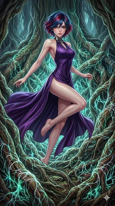 score_9, masterpiece, best quality, ultra-detailed, high-budget anime keyframe, Korean woman. upper body close-up from the thighs up, character filling the screen for maximum presence. jumping amidst giant ancient tree roots wrapped in trillions of g