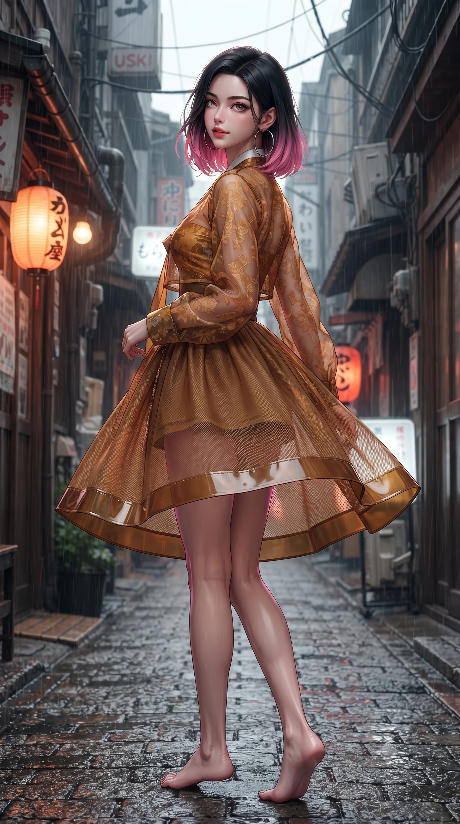 score_9, masterpiece, best quality, ultra-detailed, high-budget anime keyframe, editorial fashion photography, tasteful artistic composition, Korean woman. low angle full-body shot from head to toe showing her feet, filling the entire 9:16 vertical frame with her statuesque presence, stretching her vertical silhouette. executing a slow, graceful pivot turn as her skirt sways around her slender legs, glancing back with an enchanting, teasing sensual expression while standing poised in the middle of the rain-washed alley with hips cocked back, looking into the camera with an irresistible bedroom-smile. The surrounding environment is rendered in vivid detail and crisp panoramic clarity: detailed vinyl mini-skirt shine, subtle mesh fabric texture, and authentic Showa-era alley architecture in razor-sharp precision. She has an absolutely perfect, statuesque 8.5-heads proportion, an exceptionally tall and slender model-like female figure with impossibly long slender legs, an ultra-slim waist, a flat toned midriff, narrow delicate ribcage, and beautifully sculpted feminine hips creating a graceful, slim hourglass silhouette without any bulky heaviness. sharp v-shaped jawline, high-bridge nose, sparkling eyes with hypnotic seductive depth, thick curled eyelashes, glossy parted lips with a natural dewy peach sheen, alluring bedroom-eyes with an enchanting coquettish smile, exuding magnetic siren charisma and sophisticated glamour, flawlessly proportioned anatomical accuracy, strict slender model proportions, natural body alignment, perfectly sculpted long slender limbs, ultra-slim waistline, clean dynamic posture without body distortion. wearing a deep V-neck sheer gossamer hanbok blouse layered over an opaque silk bandeau and high-waisted wrap shorts in warm amber honey and antique gold leaf, made of sheer gossamer chiffon that drapes softly against skin with airy translucence, accented with oversized polished chrome hoop earrings catching the ambient neon glow, the precision-cut side openings and low-back scoop framing her graceful spine and the sensual sweep of her slim, toned hips. illuminated by puddle specular bounce and sharp magenta rim lights defining her razor-sharp jawline, ultra-slim waist, and curvy hips. ultra-reflective glossy finish, specular highlights, rich textural contrasts, high-contrast stereoscopic depth, volumetric dynamic lighting, 2k, ultra detail, master piece, 9:16 ratio