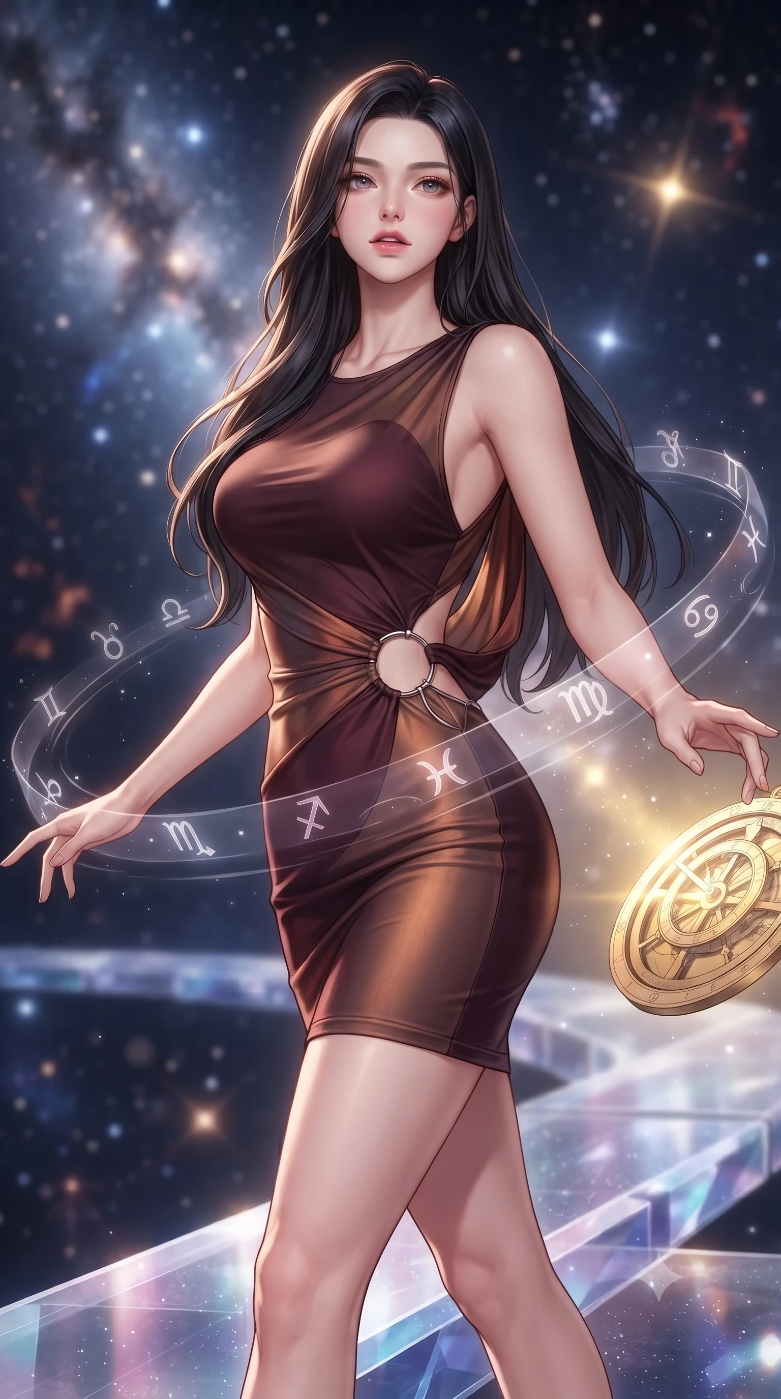 score_9, masterpiece, best quality, ultra-detailed, high-budget anime keyframe, editorial fashion photography, tasteful artistic composition, Korean woman. close-up cowboy shot from the waist and thighs up, the character dominates the composition, filling the frame with her large presence, background elements kept in soft focus. Tilting her chin up slightly with lips parted in a magnetic, composed expression stepping along a crystalline cosmic bridge in deep space, translucent zodiac glyphs orbiting around her delicate hands. She has an exceptionally elegant, slender, and willowy female figure with an ultra-slim waist, a gracefully sculpted slender torso, and a refined silhouette. sharp v-shaped jawline, high-bridge nose, intricate jewel-like eyes with depth, thick eyelashes, glossy lips with a natural sheen. wearing a precision-fitted liquid jersey bodycon dress with a draped back in deep burgundy and bronze, woven from fine semi-opaque sheer organza, accented with delicate chrome ring hardware framing her waist, the tailored fabric tightly following every curve of her athletic build. illuminated by brilliant starlight and warm golden inner glow from the astrolabe. highly saturated vibrant anime colors, detailed shading with soft gradients, rich glossy textures, high-contrast stereoscopic depth, volumetric dynamic lighting, master piece, 9:16 ratio