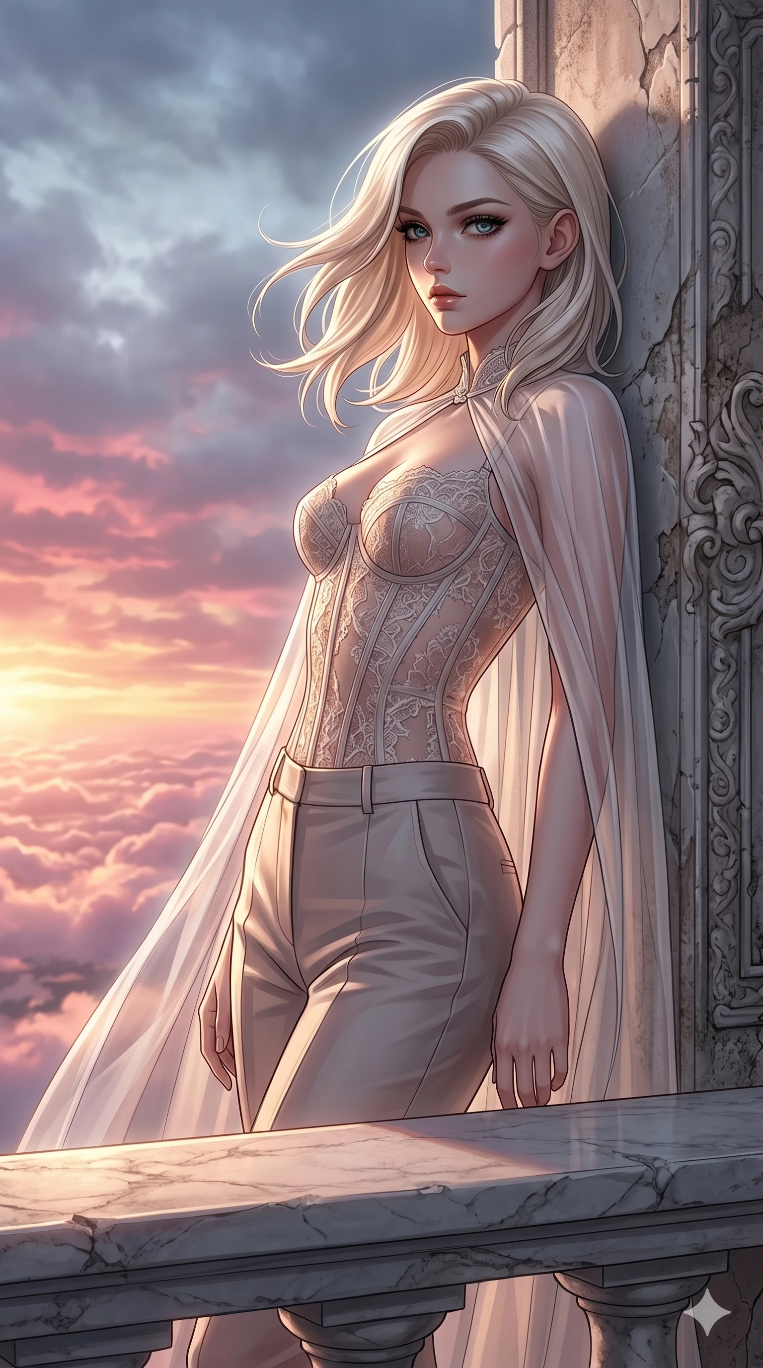 score_9, masterpiece, best quality, ultra-detailed, high-budget anime keyframe, editorial fashion photography, tasteful artistic composition, Caucasian woman, strictly human ears. cowboy shot from the thighs up, character and outfit filling the frame for maximum editorial presence. leaning back against the wall, looking over her shoulder with quiet intensity on a floating marble balcony above a sunset cloudscape of pink and gold (Code-P18-199). She has an absolutely perfect 8-heads proportion, an exceptionally tall and slender female figure with impossibly long slender legs and an ultra-slim waist. V-shaped jawline, high-bridge nose, intricate jewel-like eyes with depth, thick eyelashes, glossy lips with a natural sheen. wearing a sheer lace corset top paired with transparent cape. cool silver moonlight filtered through the mist, creating a dramatic, ethereal rim light. 2k, ultra detail, master piece, 9:16 ratio