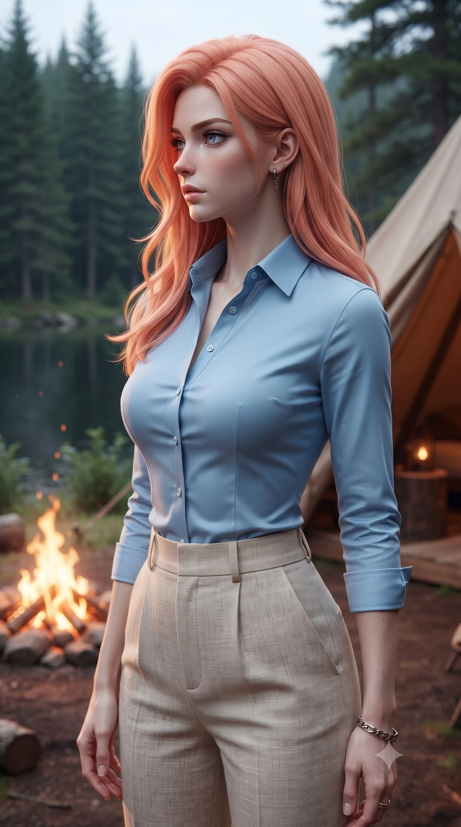 score_9, masterpiece, best quality, ultra-detailed, high-budget anime keyframe, editorial fashion photography, tasteful artistic composition, Japanese woman. close-up cowboy shot from the waist and thighs up, the character dominates the composition, filling the frame with her large presence, background elements kept in soft focus. turning her face in sharp profile, casting a cold, mysterious, yet intensely alluring side gaze, the background shows a soft-focus a luxury canvas tent porch next to a quiet forest lake surrounded by pine trees. She has an exceptionally elegant, slender, and willowy female figure with an ultra-slim waist, a gracefully sculpted slender torso, and a refined silhouette. sharp v-shaped jawline, high-bridge nose, intricate jewel-like eyes with depth, thick eyelashes, glossy lips with a natural sheen. wearing a form-contouring tailored sky blue button-down shirt tucked into high-waisted beige linen trousers. warm flickering flame light from a nearby campfire casting cozy shadows. ultra-reflective glossy finish, specular highlights, metallic sheen, high-contrast stereoscopic depth, volumetric dynamic lighting, 2k, ultra detail, master piece, 9:16 ratio